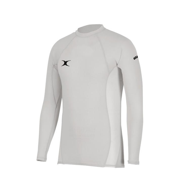 Black long-sleeve baselayer top made from stretchy material, featuring a round neckline, fitted design, and Gilbert Rugby logo on the sleeve.