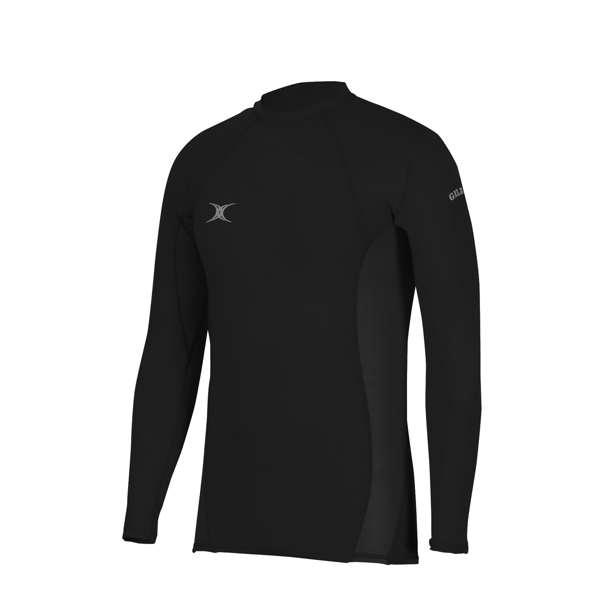 Black long-sleeve baselayer top for men by Gilbert Rugby, featuring a sleek design, stretch material, and a logo on the upper arm for enhanced performance during rugby activities.