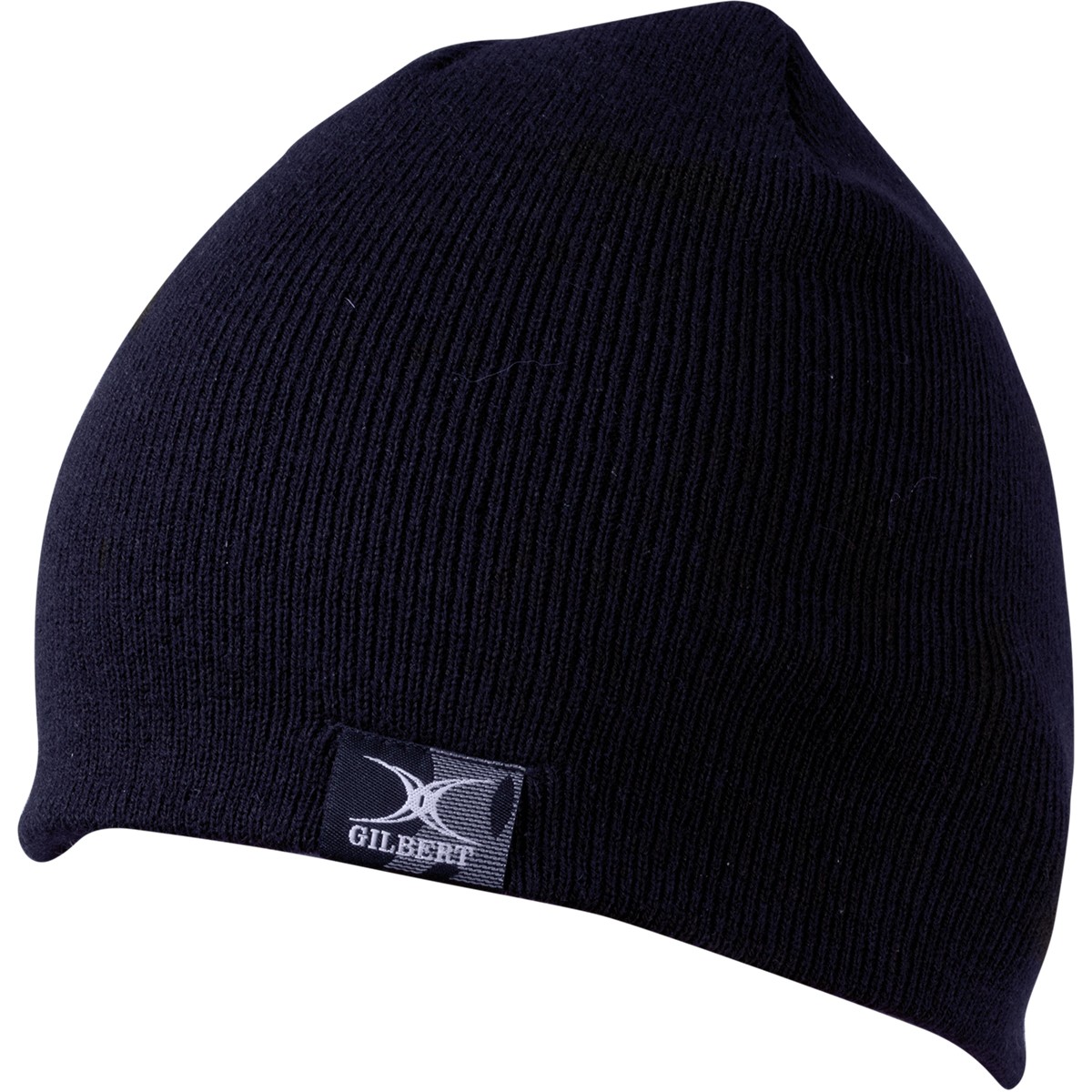 Black knitted beanie hat by Gilbert Rugby, featuring a snug fit and a small logo patch on the front.