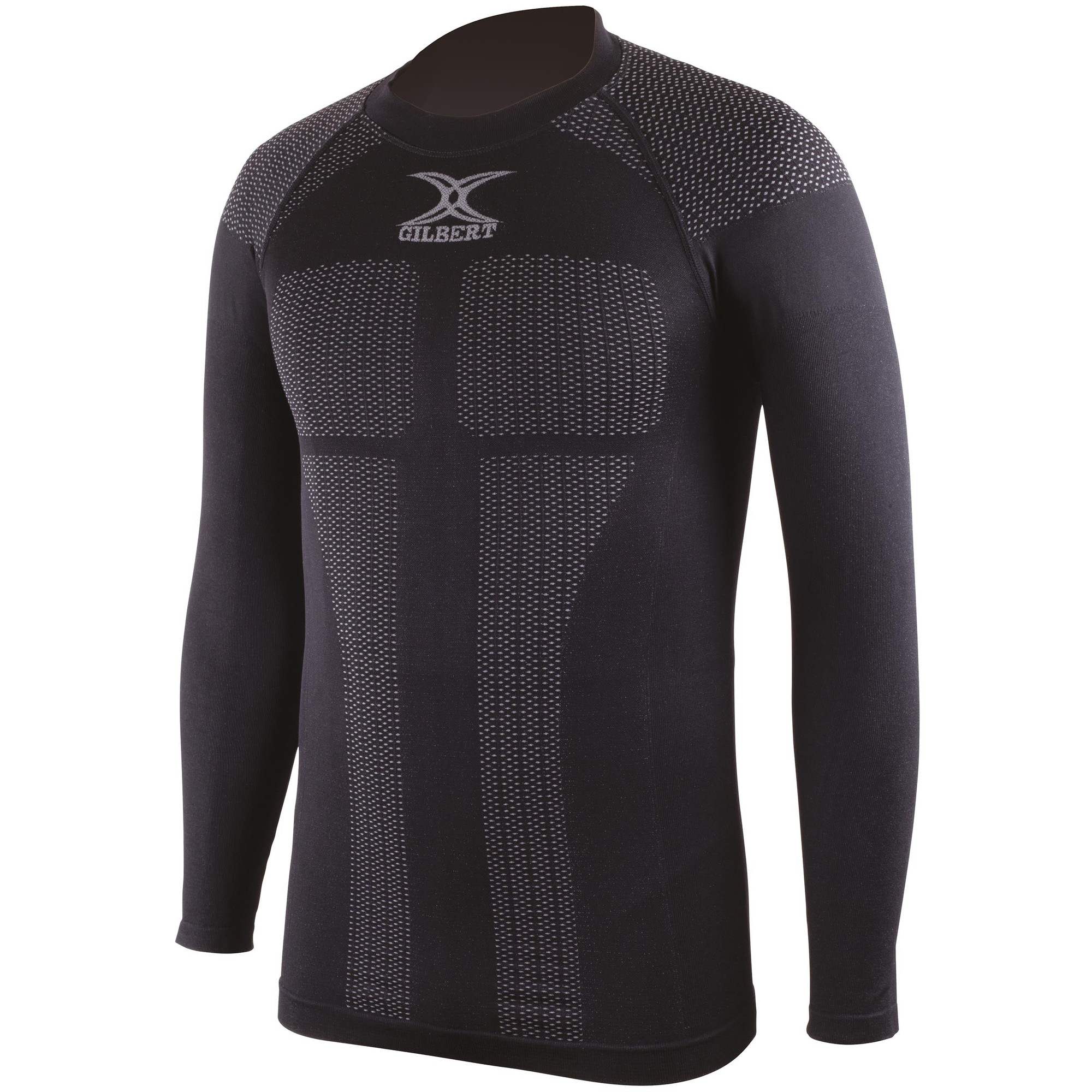 Black long-sleeve compression baselayer top featuring a textured pattern, Gilbert logo on the chest, and a snug fit designed for rugby performance.