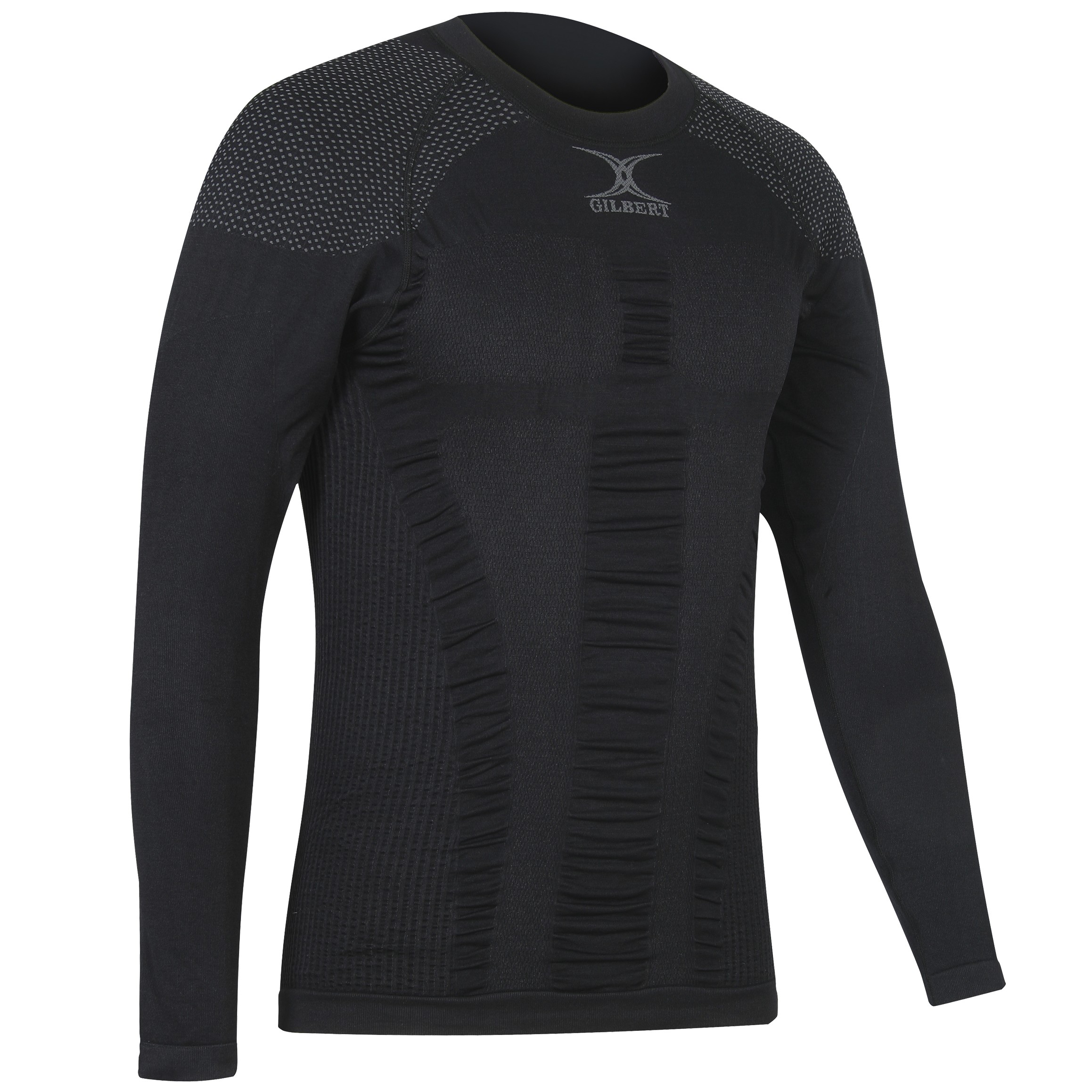 Black long-sleeve compression baselayer top featuring textured panels and a fitted design, with the Gilbert Rugby logo prominently displayed on the chest.