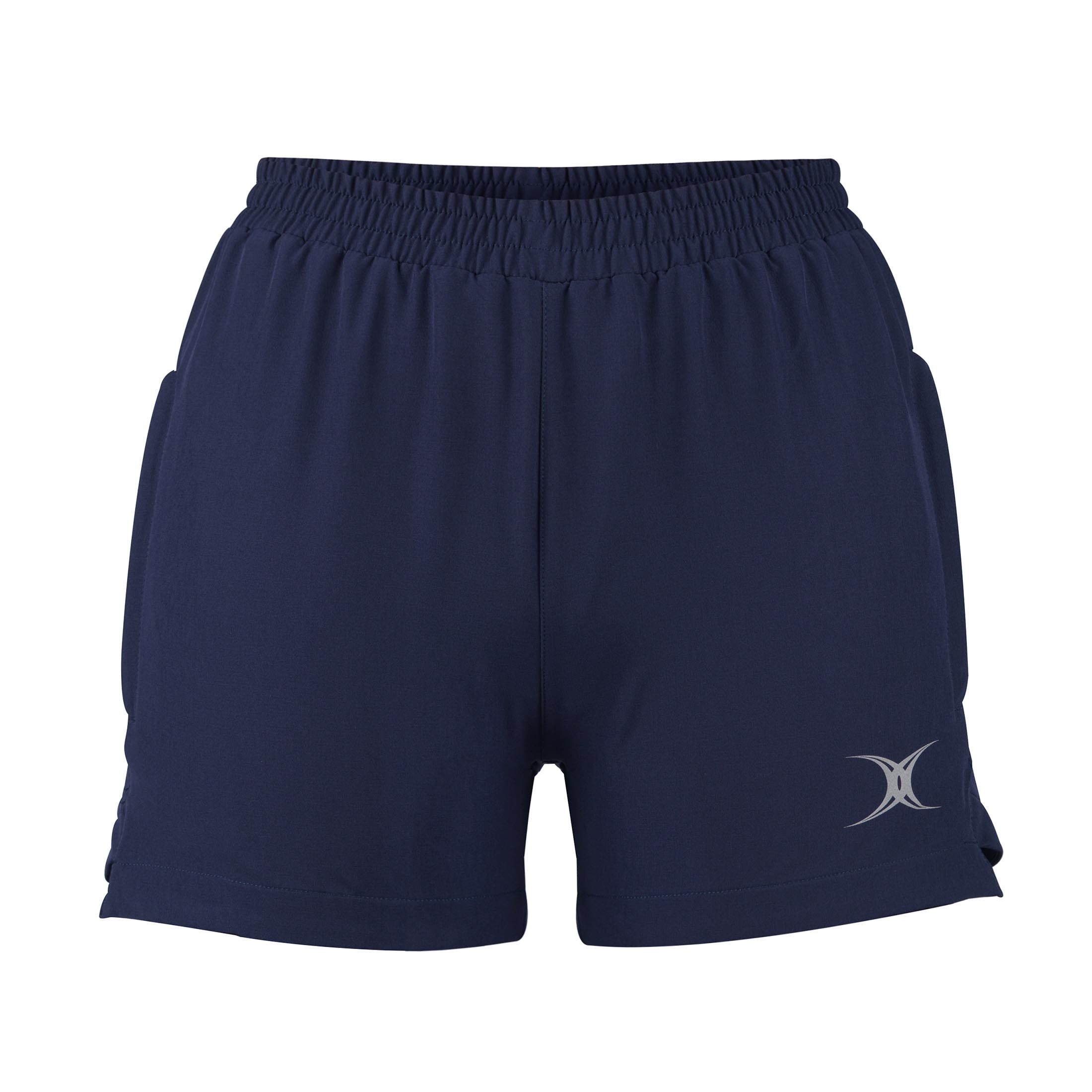 Black women's training shorts by Gilbert Rugby, featuring an elastic waistband, side pockets, and a silver logo on the lower hem, made from lightweight, breathable material.