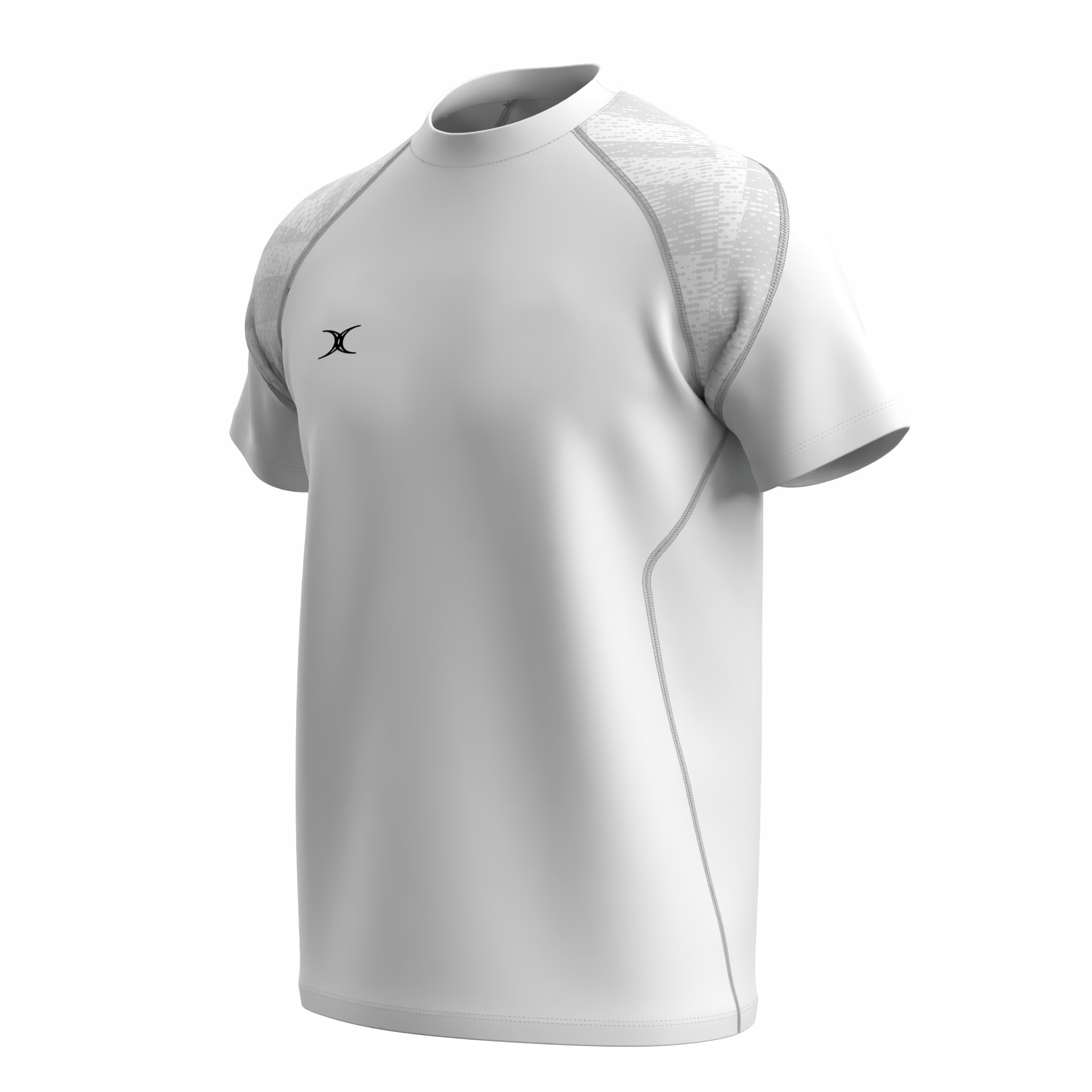 White short-sleeve tee shirt with textured grey shoulder panels, featuring a subtle black Gilbert Rugby logo on the chest, made from lightweight, breathable material.