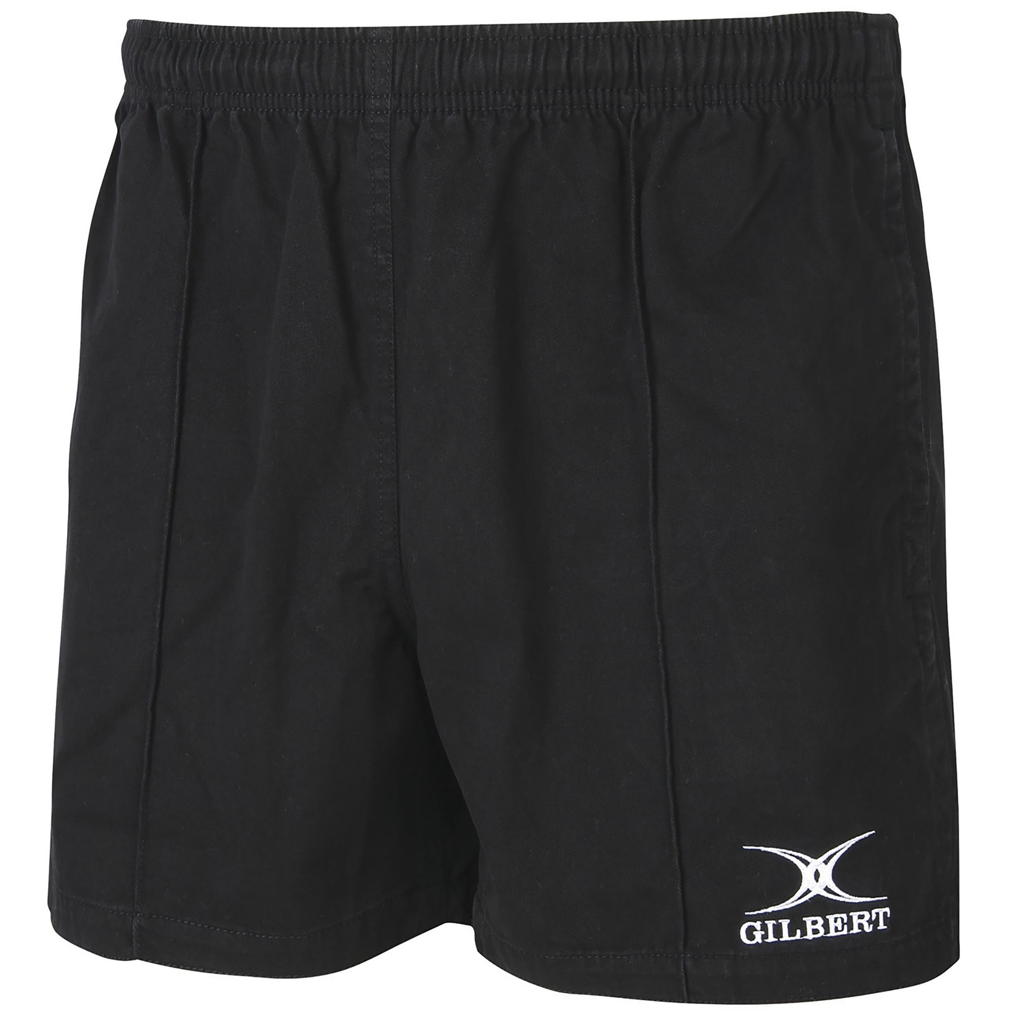 Black rugby match shorts made from durable material, featuring an elastic waistband and the Gilbert logo on the lower right side.