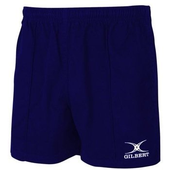 Black rugby match shorts made from durable material, featuring an elastic waistband and the Gilbert logo in white on the lower left side.