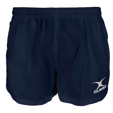Black rugby match shorts made from durable material, featuring an elastic waistband and the Gilbert logo on the lower right side.