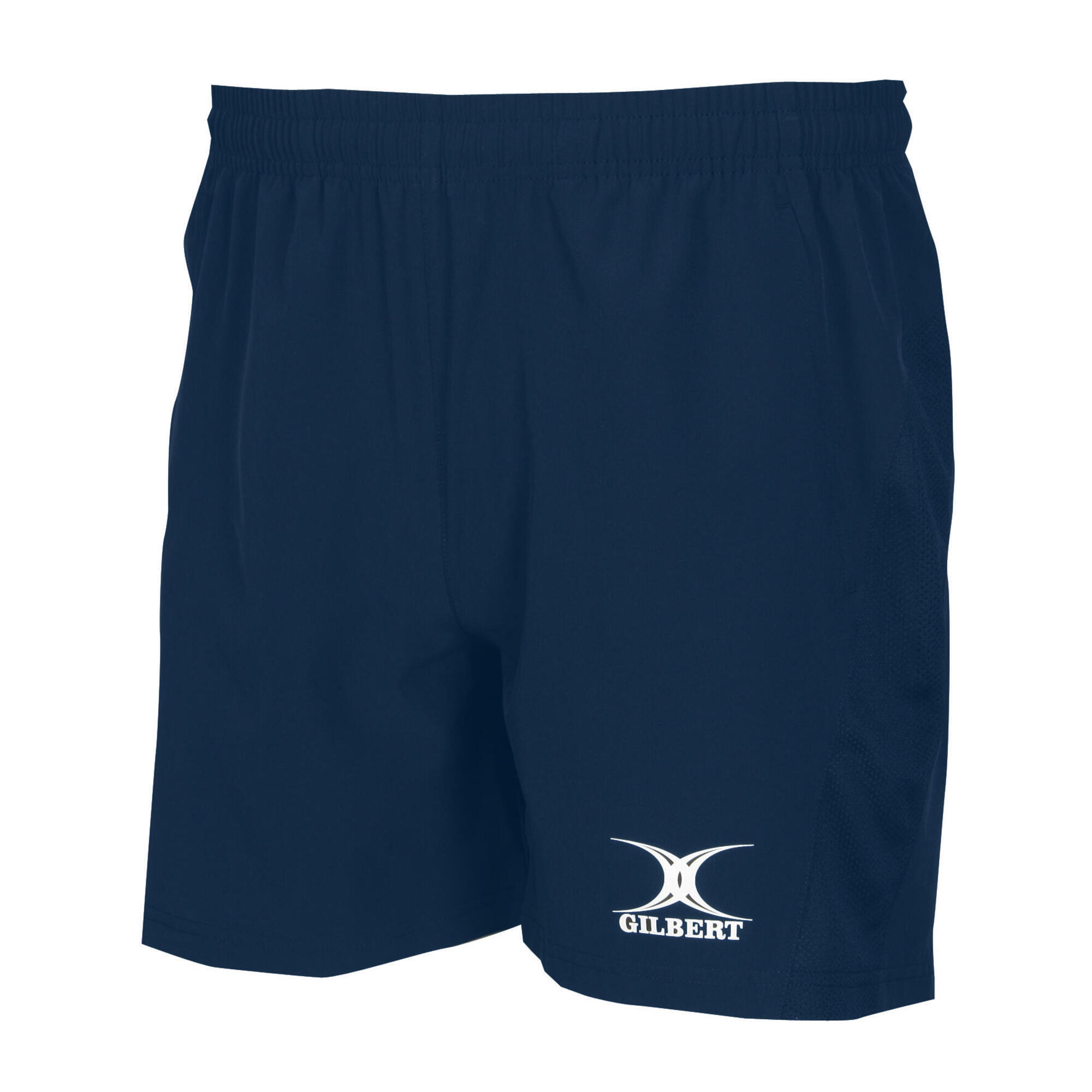 Black junior leisure shorts by Gilbert Rugby, featuring an elastic waistband and the Gilbert logo printed in white on the lower right side.