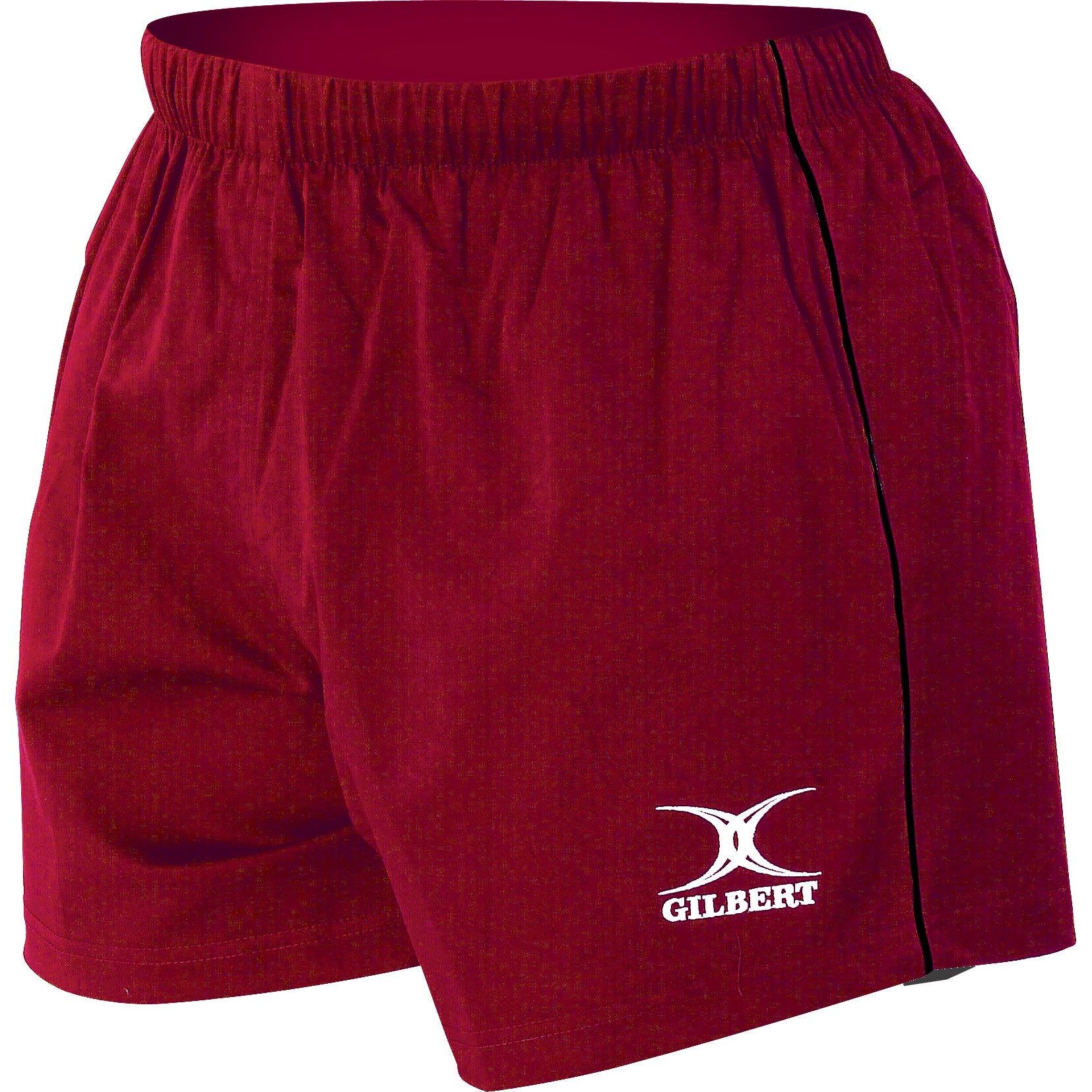 Black rugby shorts by Gilbert Rugby, featuring an elastic waistband and the Gilbert logo on the front, designed for comfort and performance on the field.