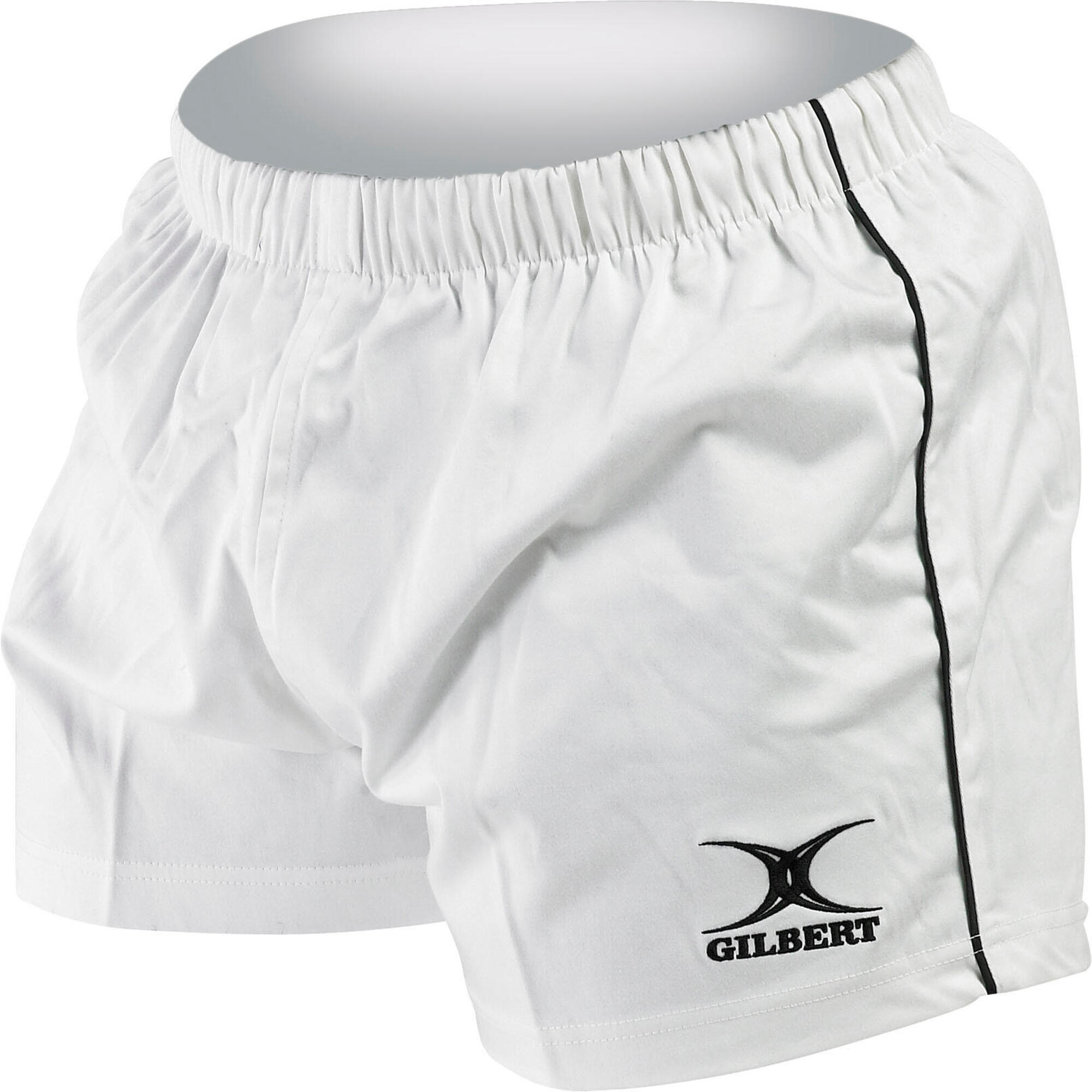 Black rugby shorts by Gilbert Rugby, featuring an elastic waistband, lightweight material, and a contrasting white side stripe with the Gilbert logo.