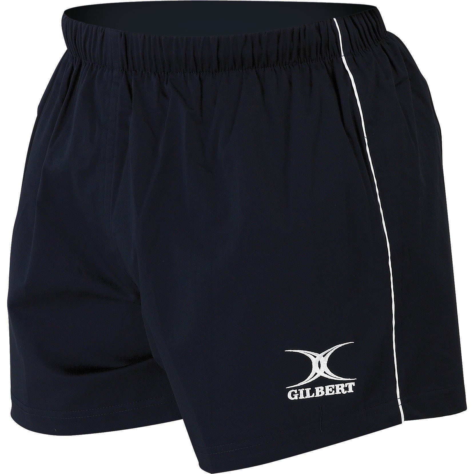 Black rugby shorts by Gilbert Rugby featuring an elastic waistband, white side piping, and the Gilbert logo on the front.