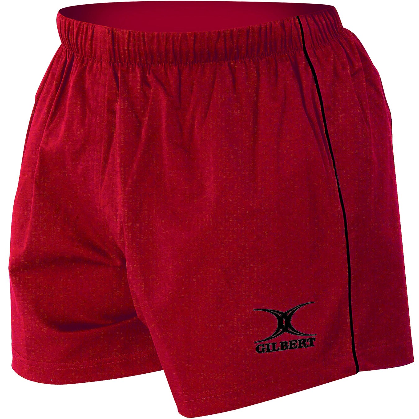 Black men's rugby shorts by Gilbert Rugby, featuring an elastic waistband and the Gilbert logo on the lower left side, designed for comfort and performance.