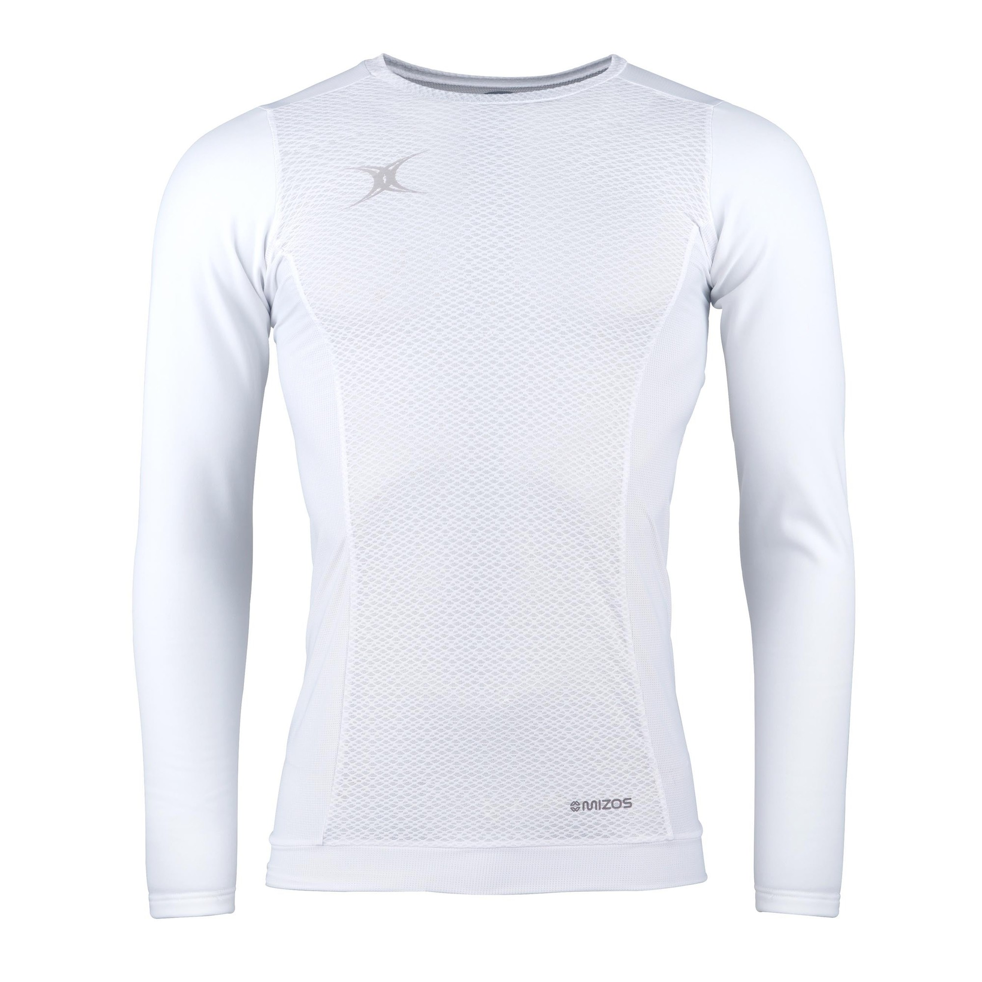 White long sleeve baselayer for men by Gilbert Rugby, featuring a textured mesh design, lightweight material, and a fitted silhouette ideal for athletic performance.