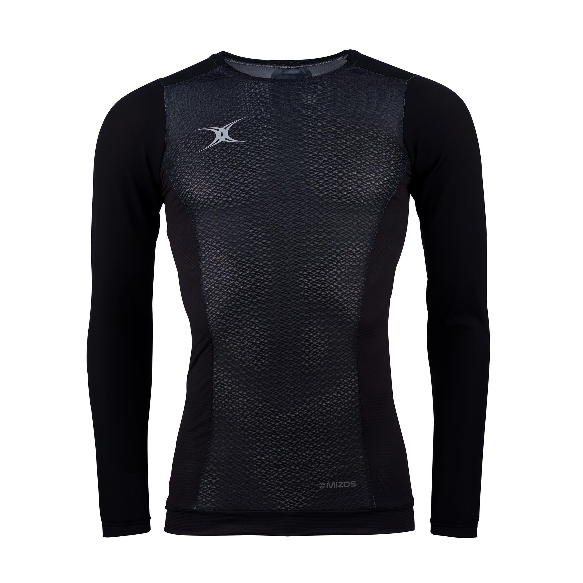 Long-sleeve women's baselayer in black with a textured, breathable material, featuring a fitted design and Gilbert Rugby logo on the chest.