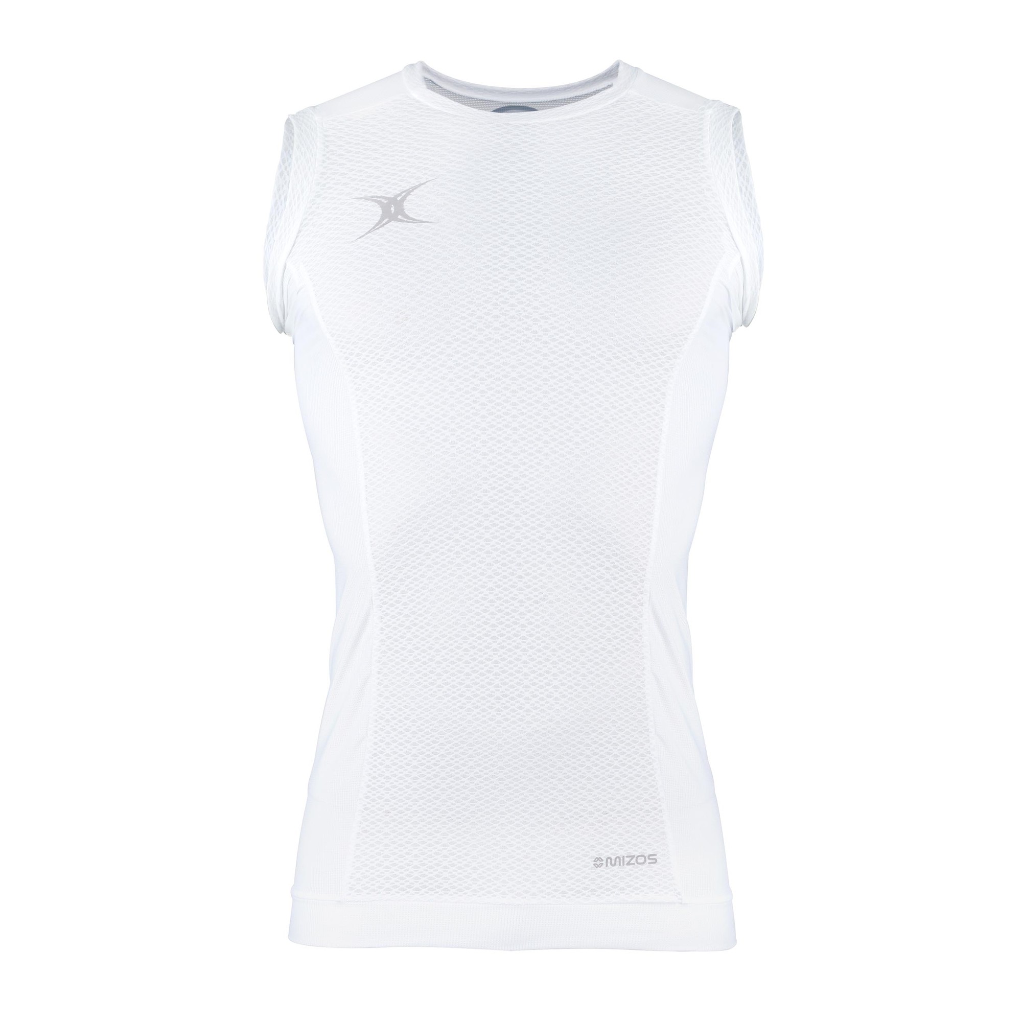 White Mizos Pro Vest Baselayer for men by Gilbert Rugby, featuring a sleek, sleeveless design with textured mesh fabric and a subtle logo on the chest.