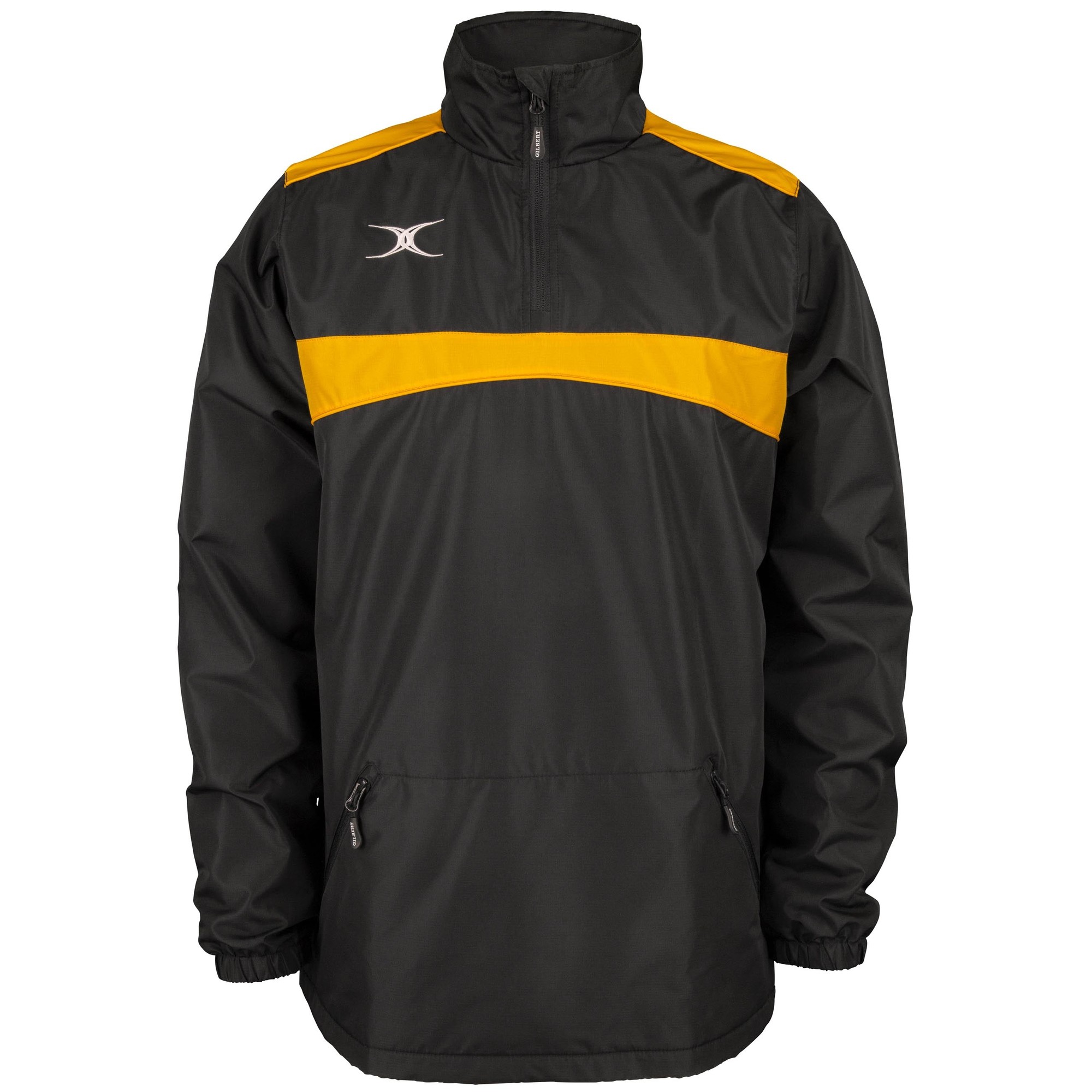 Black 1/4 zip jacket featuring a yellow horizontal stripe, made from lightweight material, with a high collar and zippered side pockets, designed for men's rugby wear.