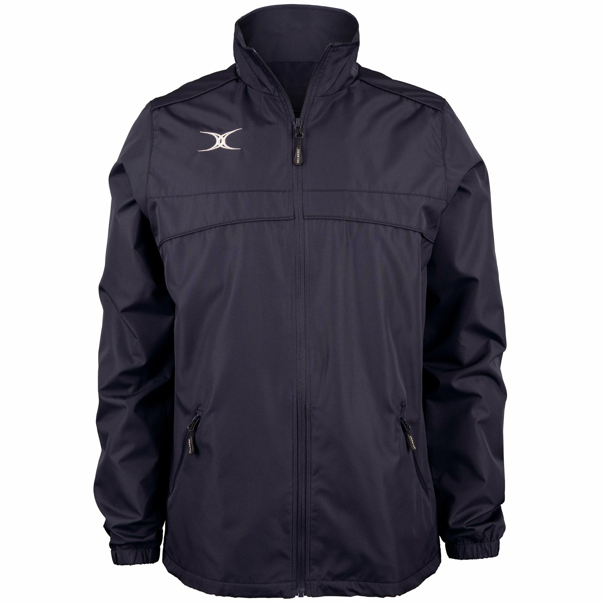 Black full zip jacket by Gilbert Rugby features a high collar, zippered side pockets, and a subtle logo on the chest, made from lightweight, durable material.