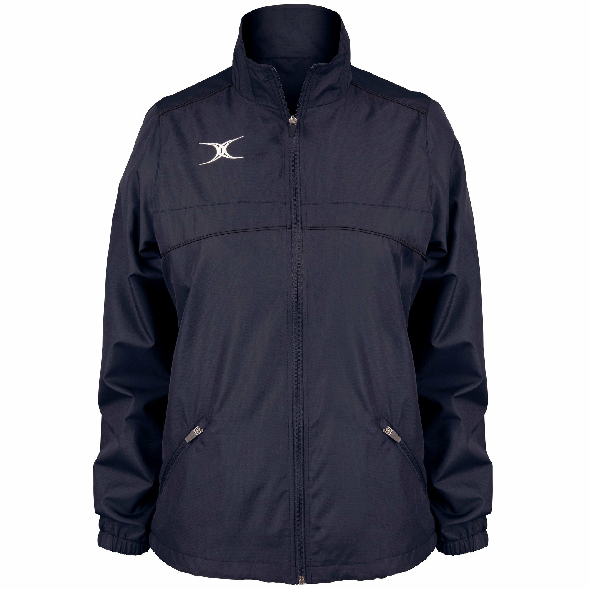 Black full zip jacket for women by Gilbert Rugby, featuring a high collar, zippered pockets, and a silver logo on the chest, made from lightweight, water-resistant material.