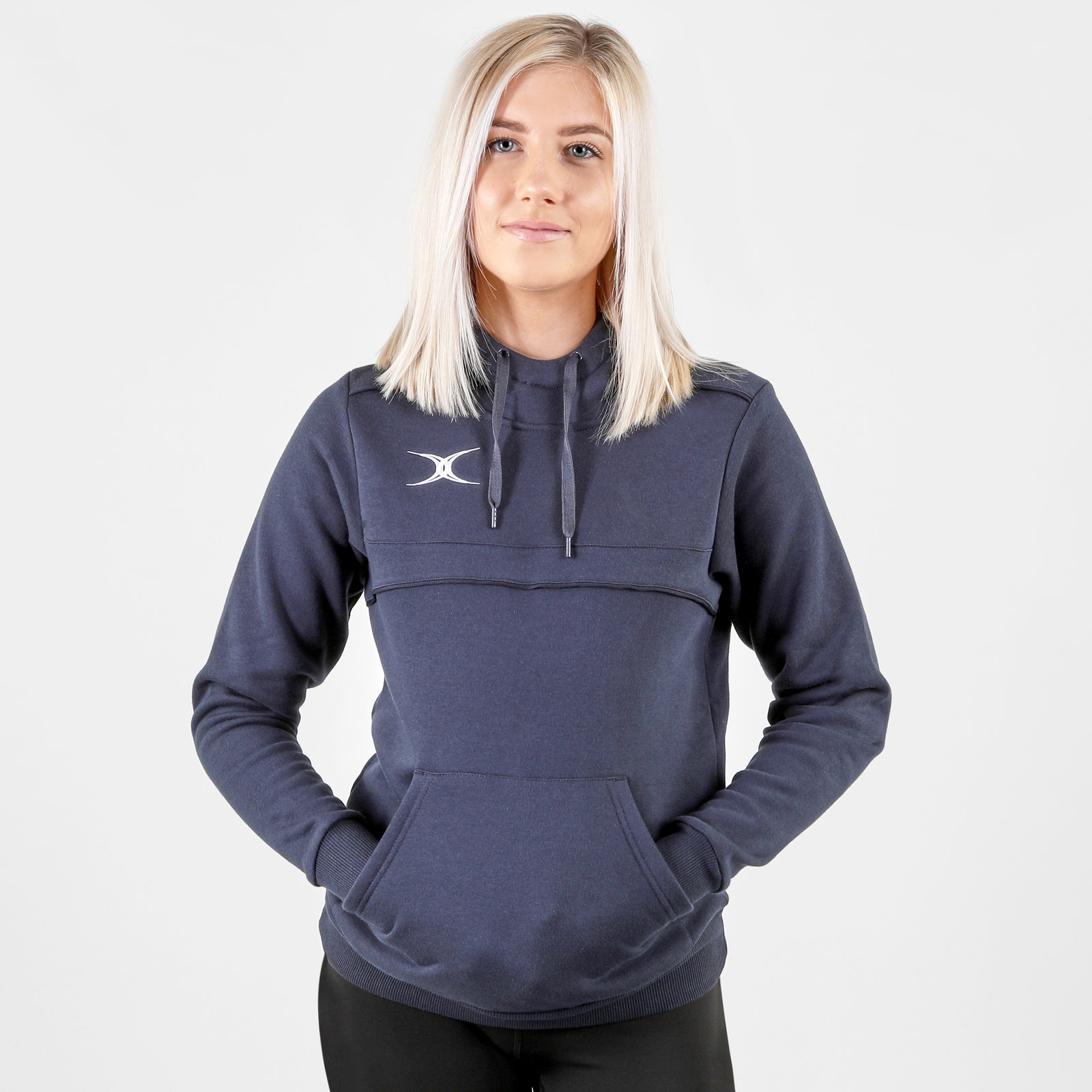 Black women's hoodie by Gilbert Rugby featuring a high neck, adjustable drawstrings, a front pocket, and a subtle logo on the chest.