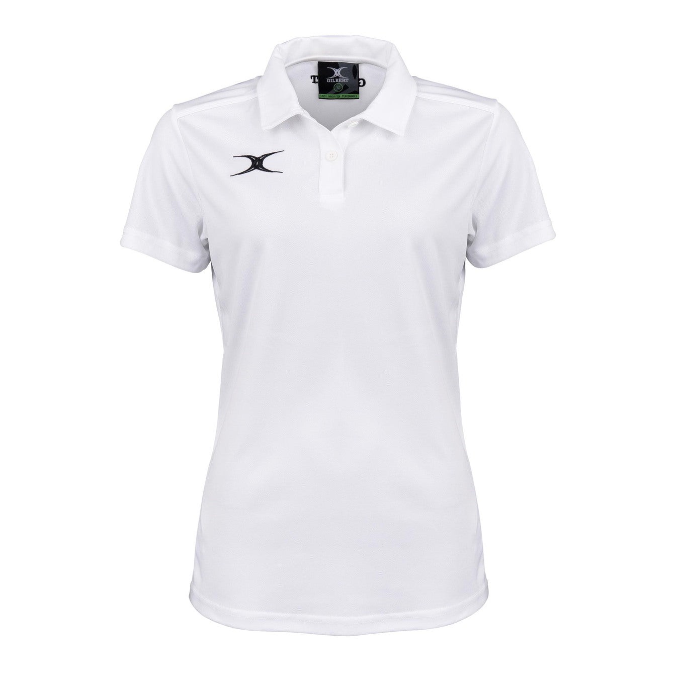 Black women's Gilbert Rugby Photon II polo shirt featuring a classic collar, short sleeves, and the Gilbert logo on the left chest.