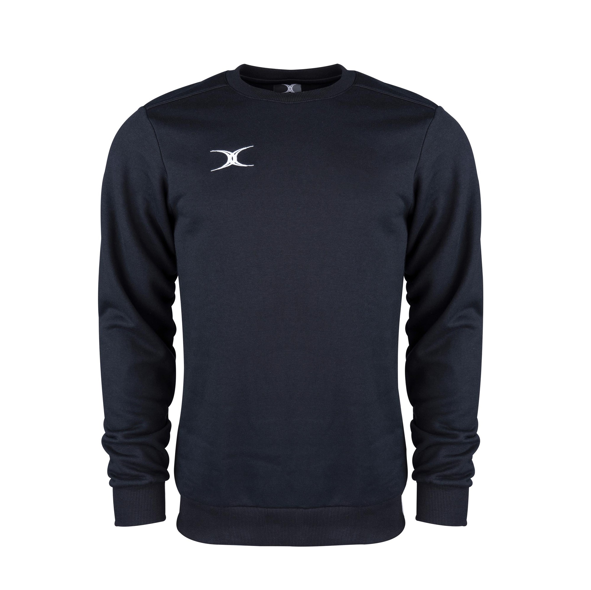 Black junior sweatshirt by Gilbert Rugby, featuring a round neck, long sleeves, and a subtle white logo on the left chest, made from a soft, comfortable material.