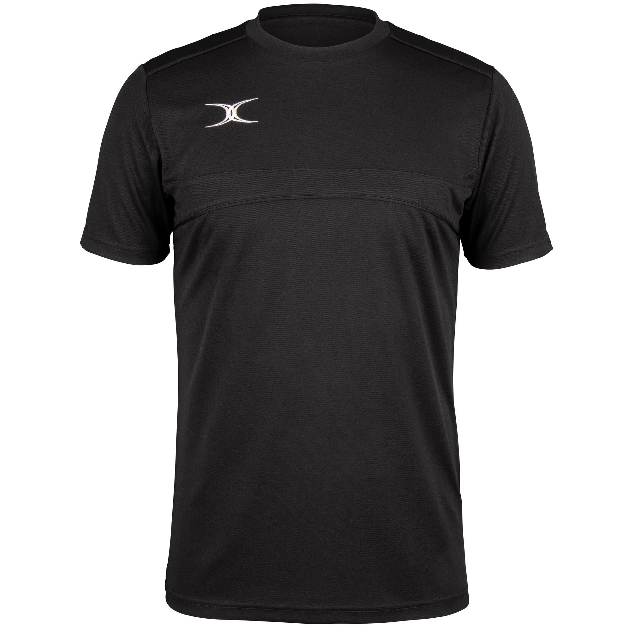 Black short-sleeve Gilbert Rugby Photon T-shirt for men, featuring a sleek design with a subtle logo on the chest and made from lightweight, breathable material.