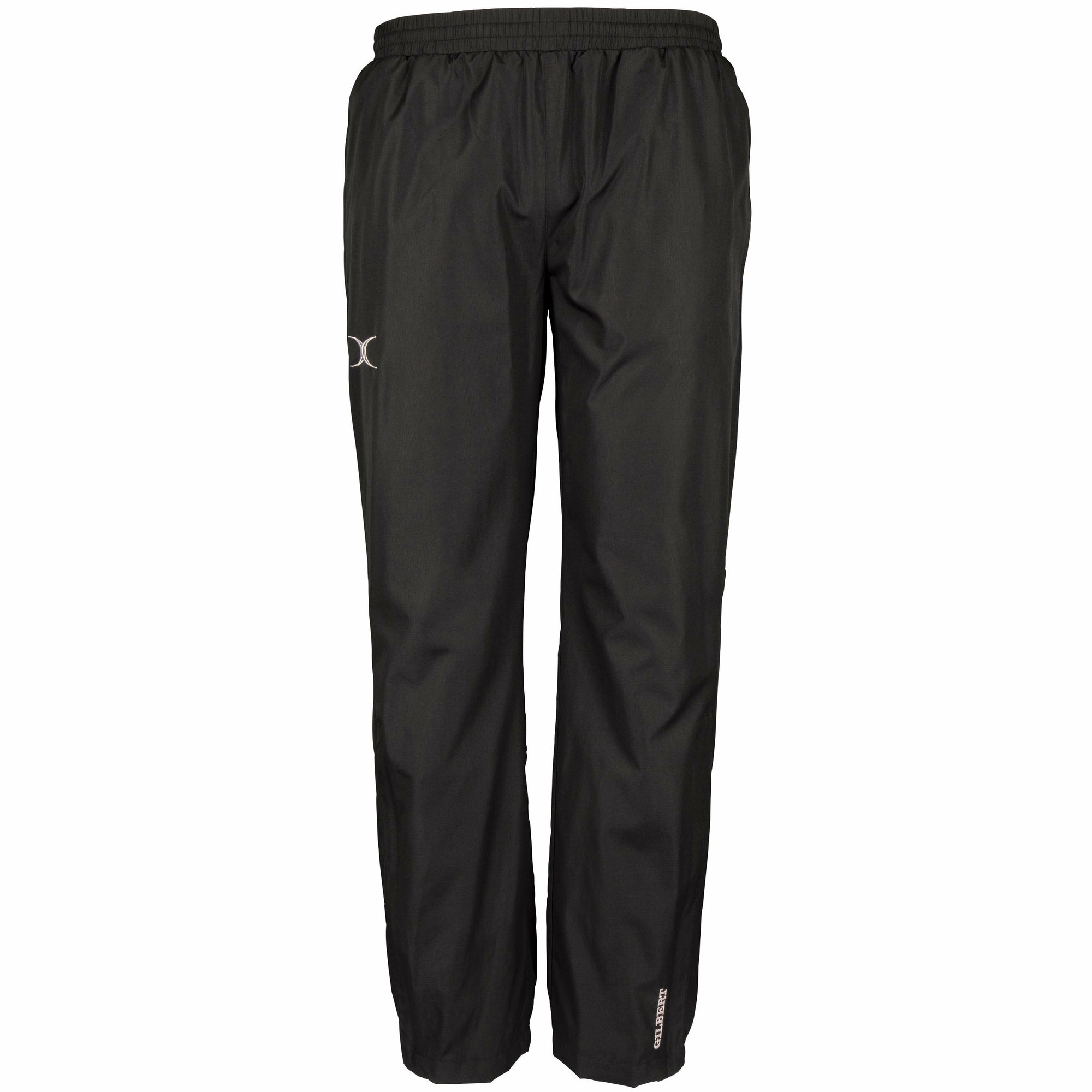 Black training trousers made from lightweight material, featuring an elastic waistband and the Gilbert Rugby logo on the left leg.