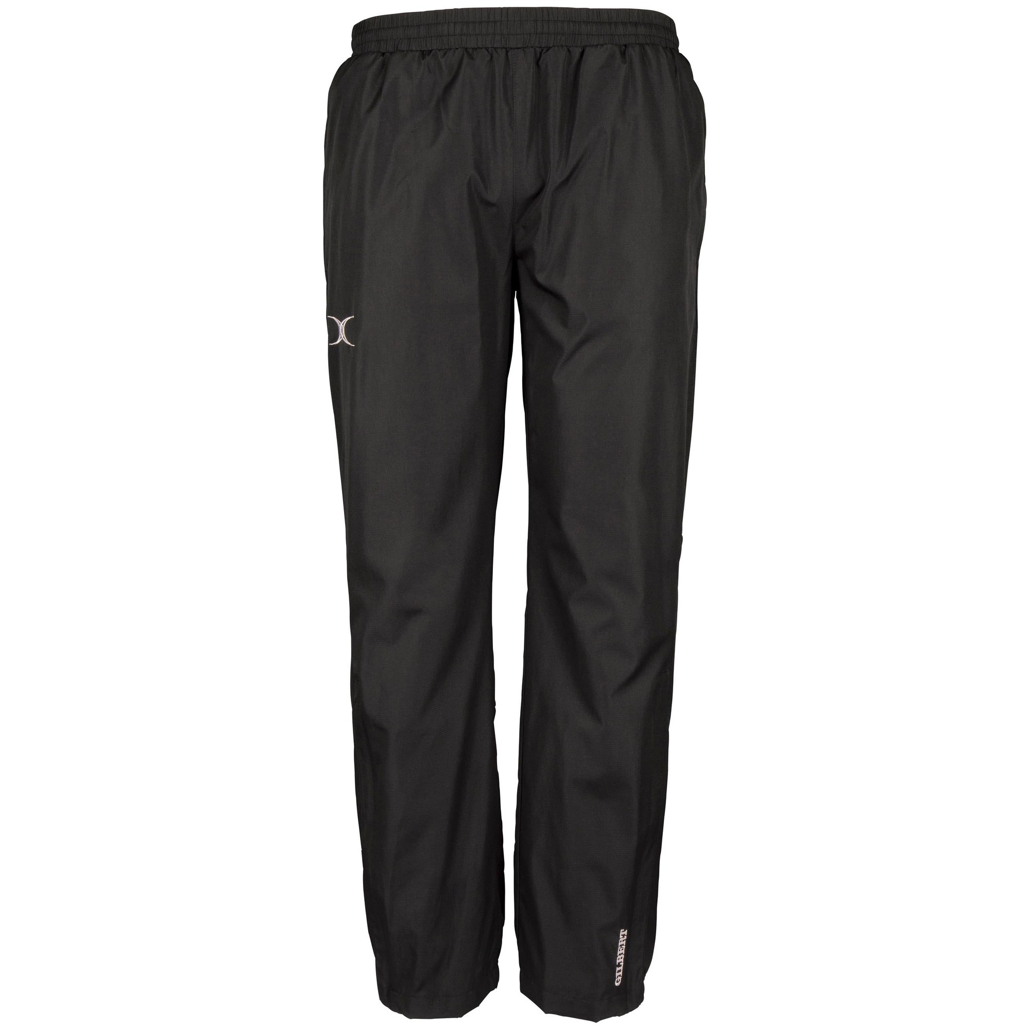 Black training trousers made from lightweight material, featuring an elastic waistband and subtle Gilbert Rugby logo on the side.