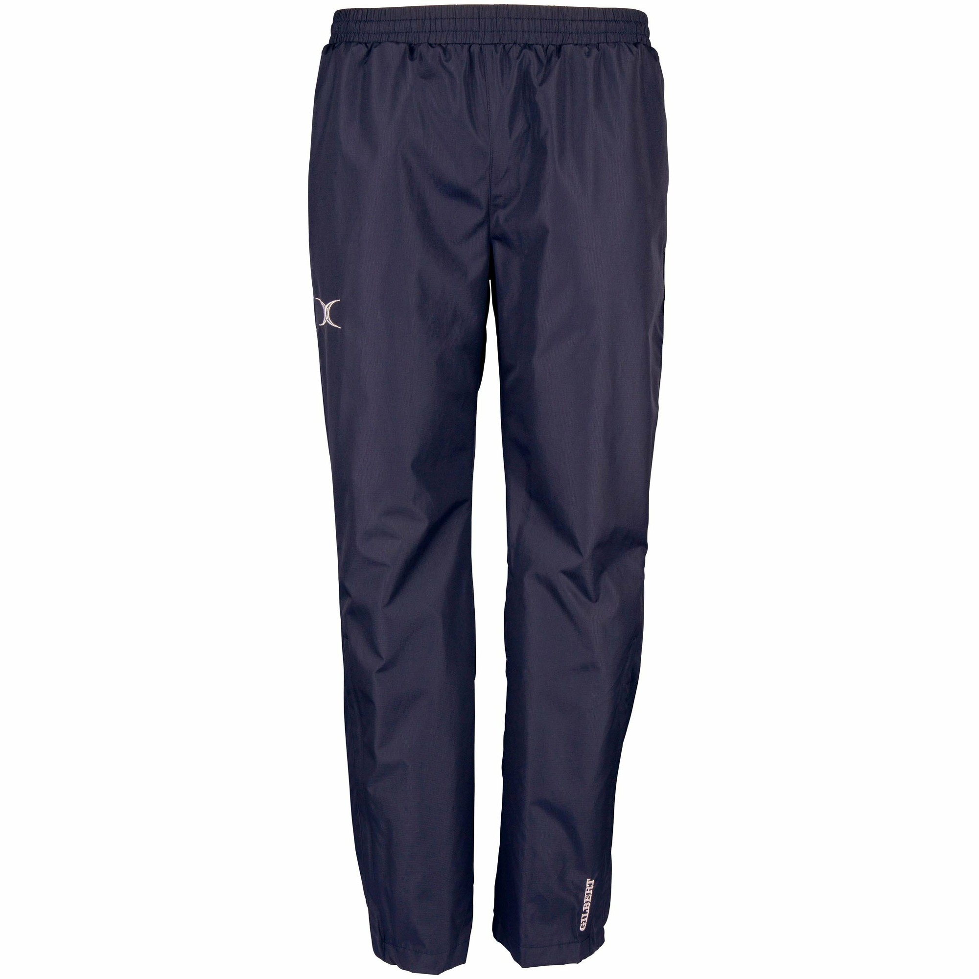 Black training trousers made from lightweight, water-resistant material, featuring an elastic waistband and the Gilbert Rugby logo on the side.