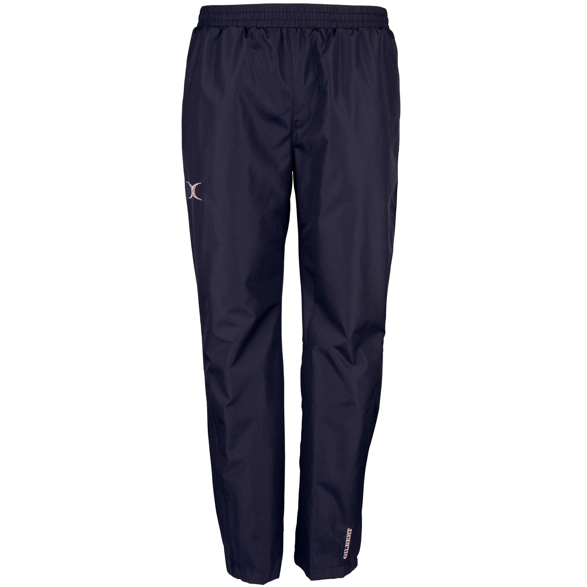 Black women's training trousers by Gilbert Rugby, featuring a lightweight, water-resistant material, elastic waistband, and subtle branding on the lower leg.