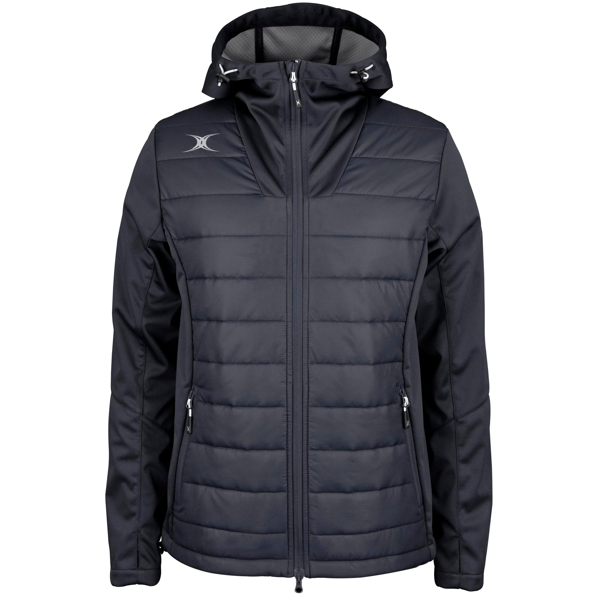 Black full zip jacket for men by Gilbert Rugby, featuring a padded front, hood, zippered pockets, and a sleek design suitable for active wear.