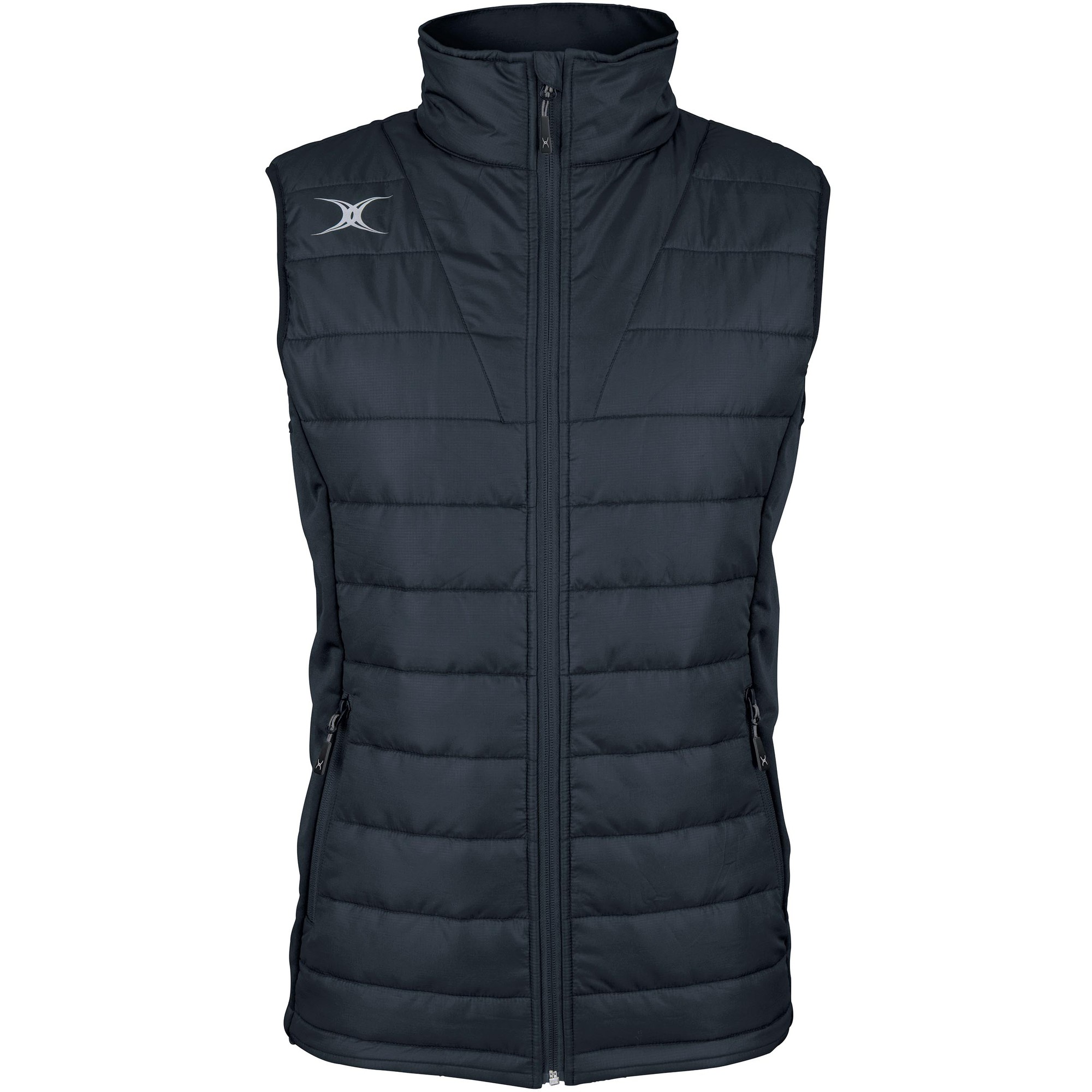 Black Gilbert Pro Bodywarmer featuring a high collar, zip front, and padded design, with two side pockets and the Gilbert logo on the upper left.