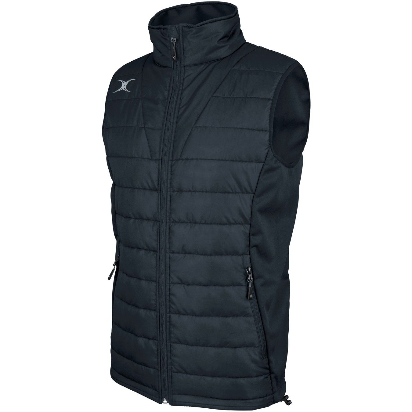 Black Gilbert Pro Bodywarmer with a high collar, padded design, zippered front, and side pockets, ideal for warmth and comfort during rugby activities.