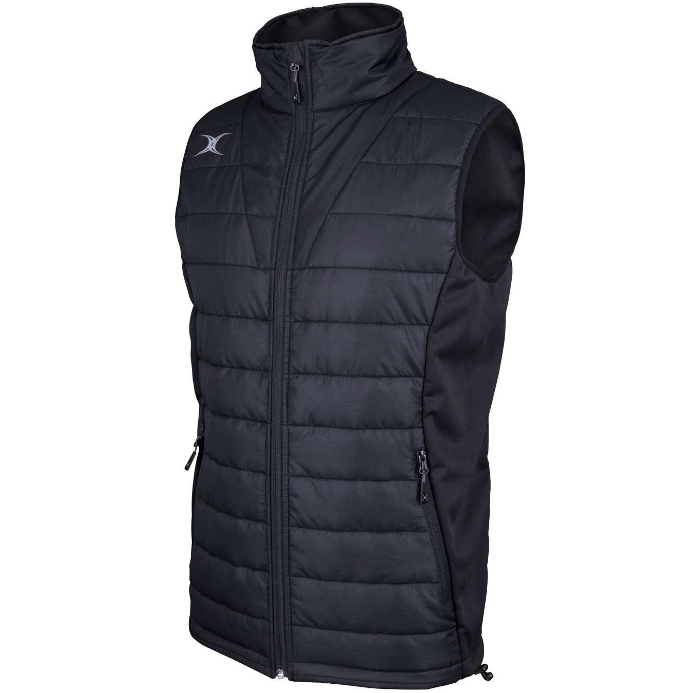 Black Gilbert Pro Bodywarmer featuring a quilted front, high collar, and side zip pockets, made from lightweight, insulated material for warmth and comfort.