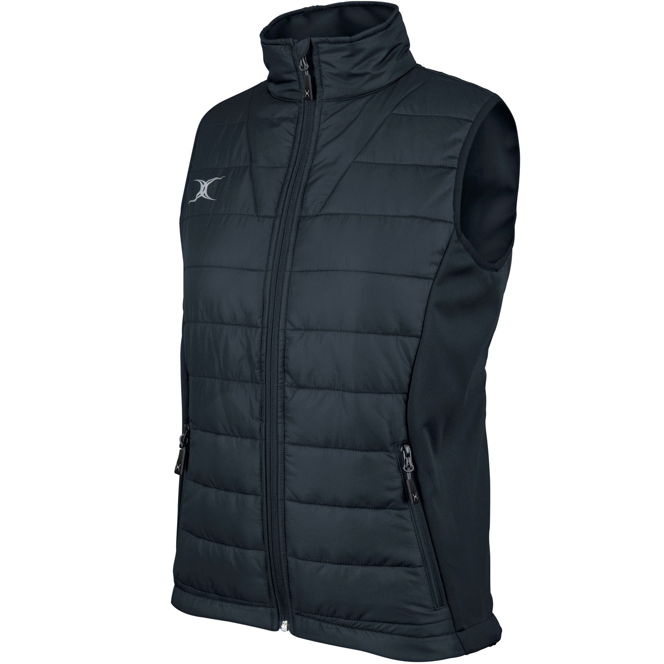 Black women's bodywarmer by Gilbert Rugby featuring a zip front, high collar, padded design, and side pockets for added warmth and style.