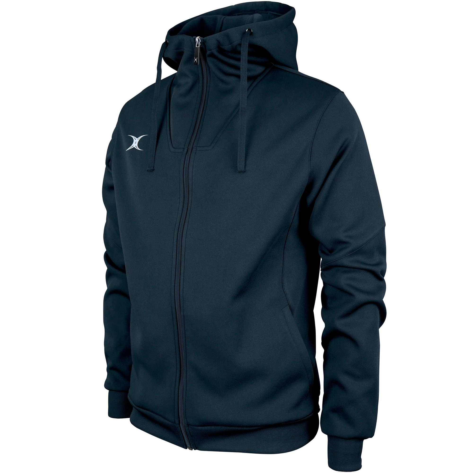 Black full zip hoodie made of soft, durable material, featuring a high collar, adjustable drawstring hood, and the Gilbert Rugby logo on the chest.