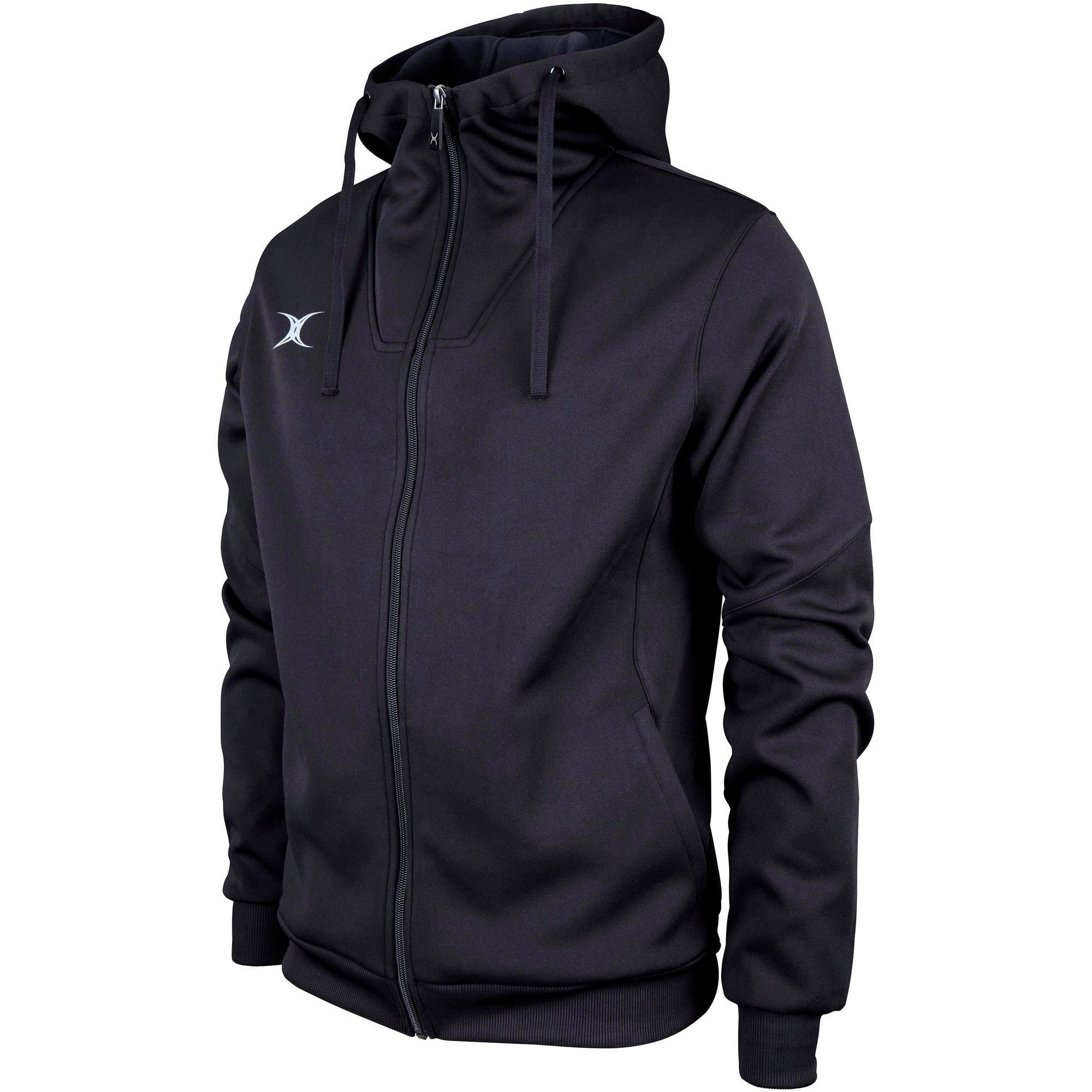 Black full zip hoodie for men by Gilbert Rugby, featuring a soft material, adjustable hood, and logo on the chest, ideal for comfort and style.