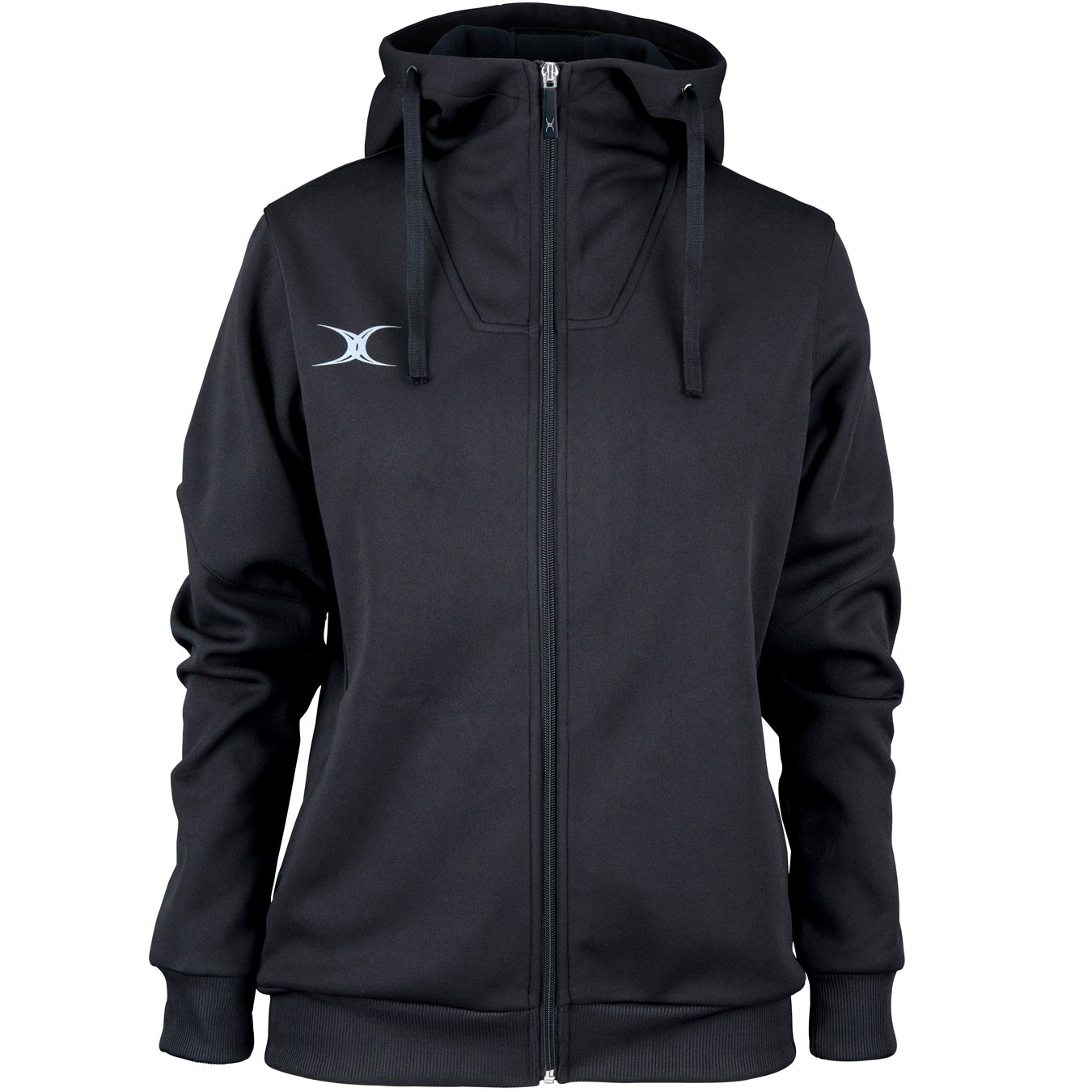 Black full zip hoodie for women by Gilbert Rugby, featuring a sleek design, soft material, and a subtle logo on the chest, ideal for sports or casual wear.