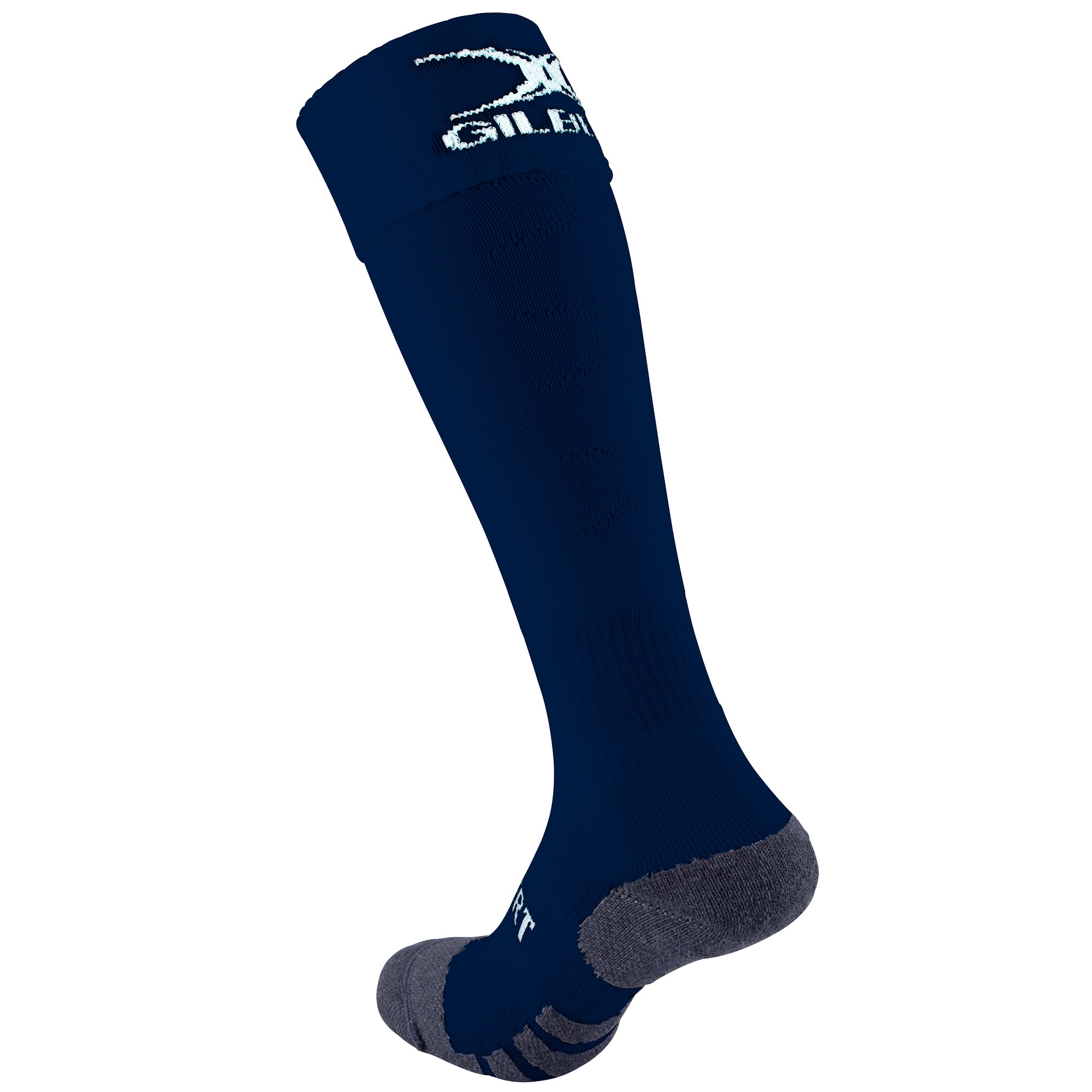 Black rugby socks featuring the Gilbert logo, made from durable material with reinforced grey heel and toe sections, designed for optimal performance during matches.