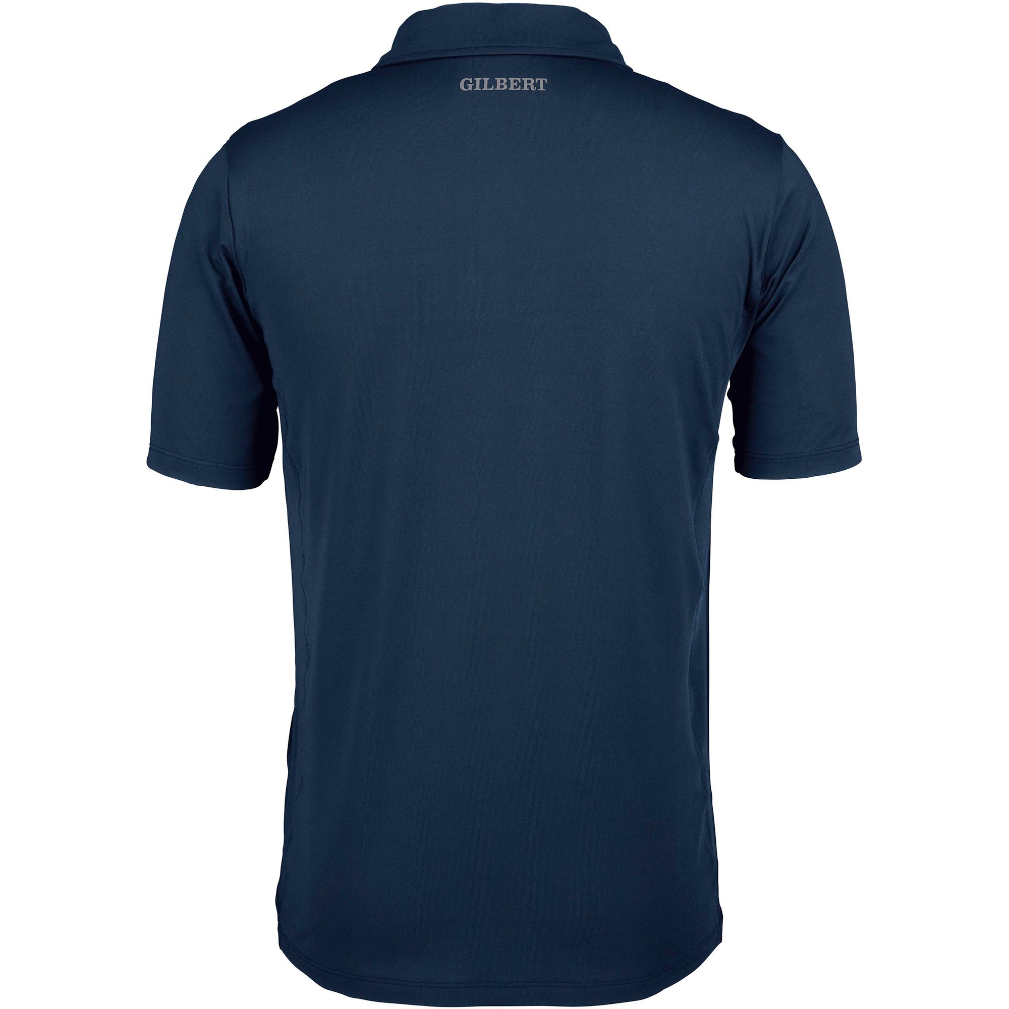 Black men's polo shirt by Gilbert Rugby, featuring a classic collar, short sleeves, and the brand name "GILBERT" embroidered on the back.