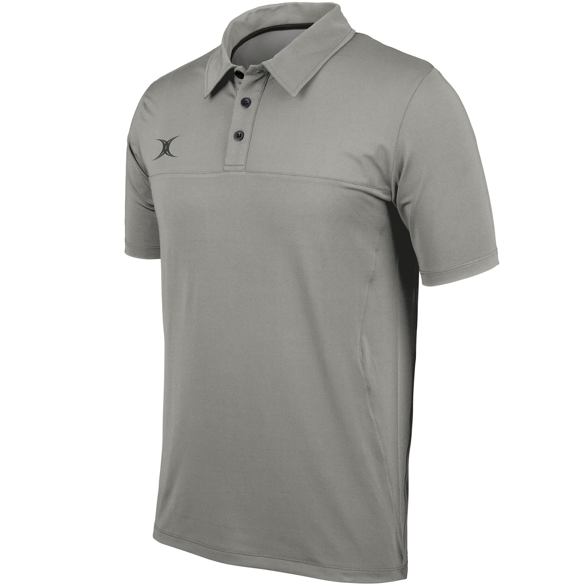Black men's polo shirt by Gilbert Rugby, featuring a classic collar, three-button placket, and the Gilbert logo on the left chest, made from lightweight, breathable material.