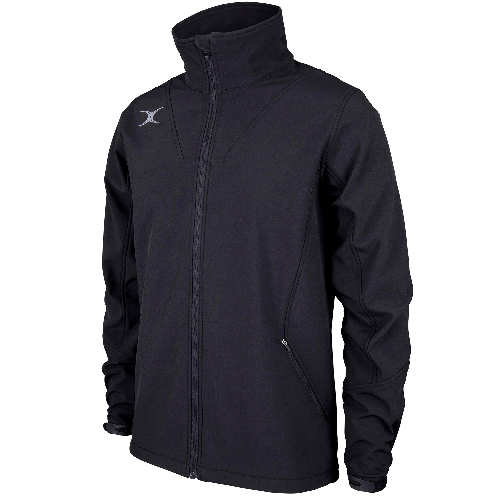 Black soft shell full zip jacket by Gilbert Rugby featuring a high collar, zippered pockets, and a sleek, athletic design with subtle logo detailing.