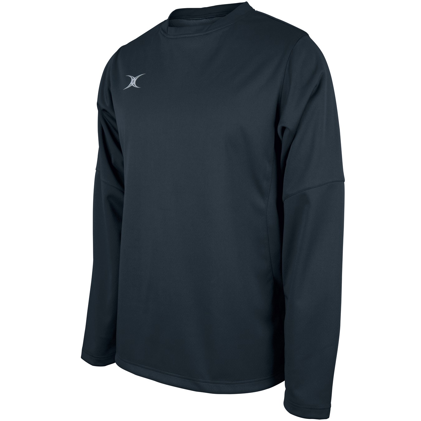 Black long-sleeve warm-up top for men by Gilbert Rugby, featuring a crew neckline and a subtle logo on the chest, made from lightweight, moisture-wicking material.
