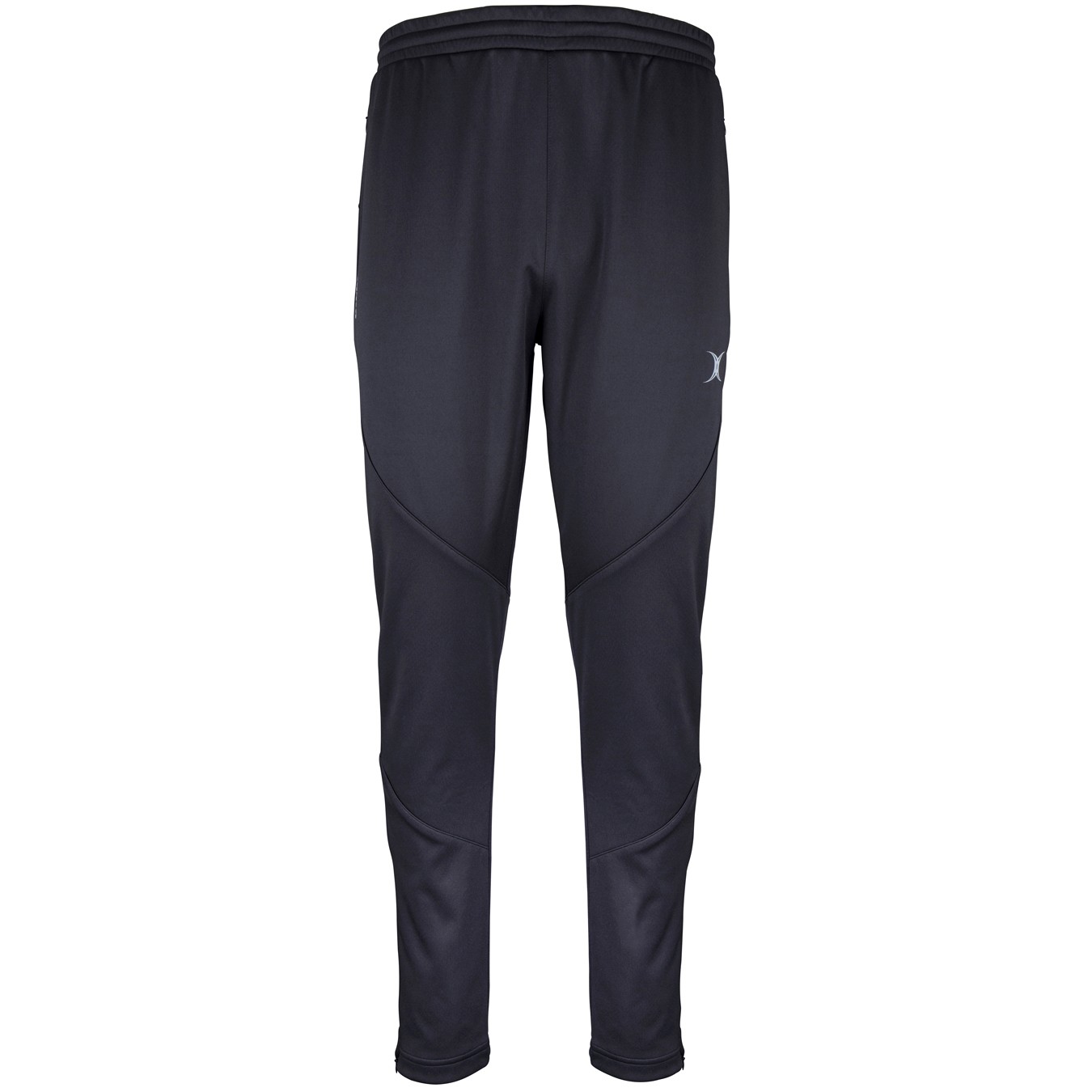 Black warm-up trousers made from lightweight material, featuring an elastic waistband and tapered legs, designed for men's rugby training by Gilbert Rugby.