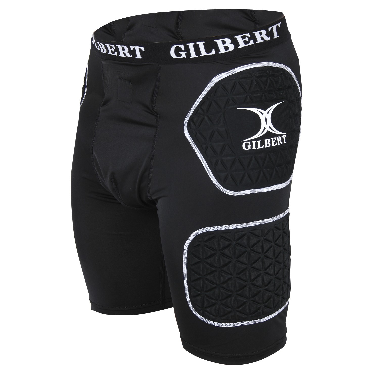 Black protective shorts for juniors by Gilbert Rugby, featuring padded areas on the thighs and a comfortable elastic waistband with the brand name "GILBERT" displayed prominently.