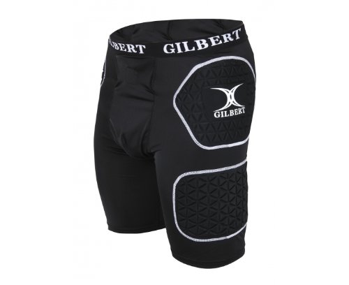 Black protective shorts for juniors by Gilbert Rugby, featuring padded panels on the thighs and a comfortable elastic waistband with "GILBERT" branding.