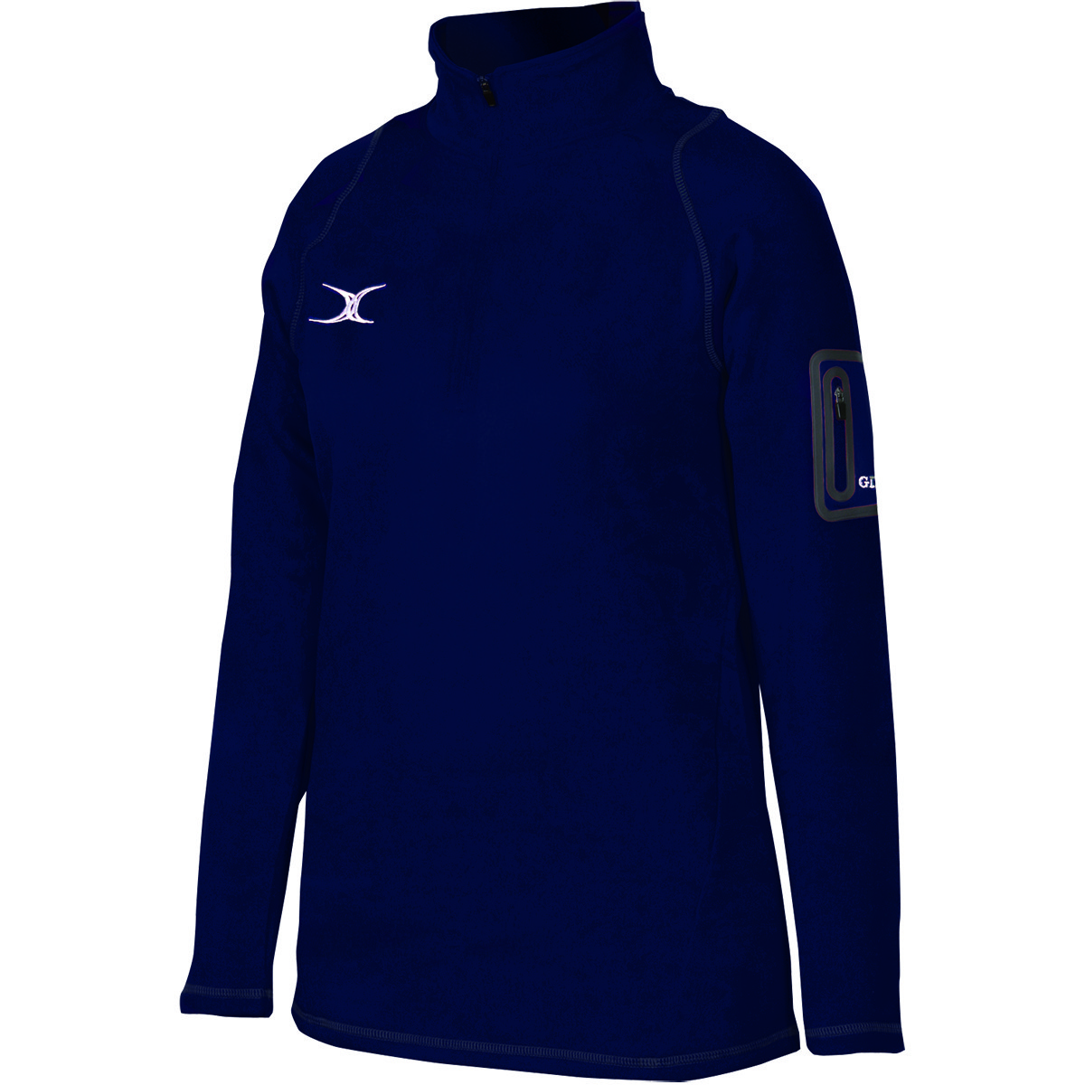 Black fleece pullover for women by Gilbert Rugby, featuring a high collar, half-zip front, and a zippered sleeve pocket, ideal for warmth and comfort during rugby activities.