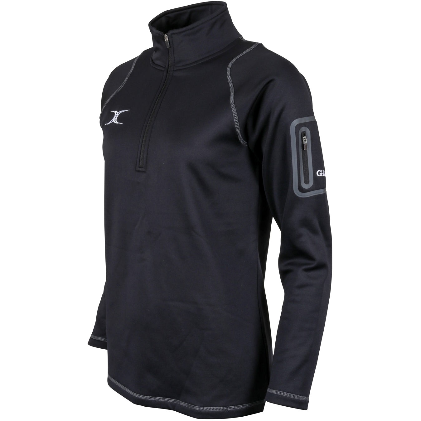 Black fleece pullover for women featuring a zippered collar, long sleeves, and a side pocket with a reflective detail, designed for comfort and performance in rugby.