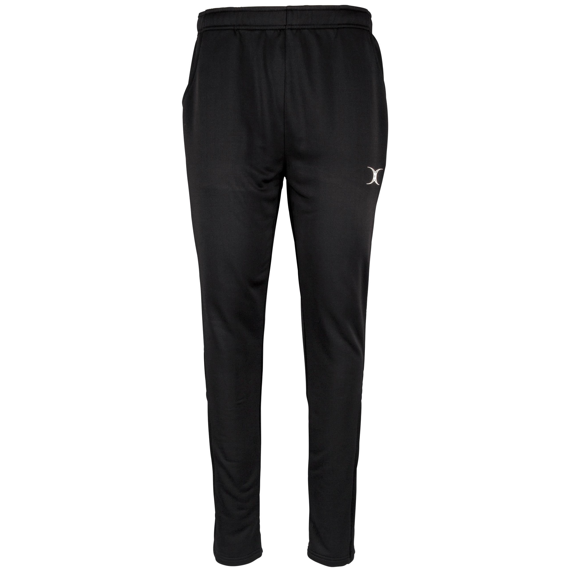 Black training trousers for men by Gilbert Rugby, made from lightweight material, featuring an elastic waistband and side pockets for convenience.