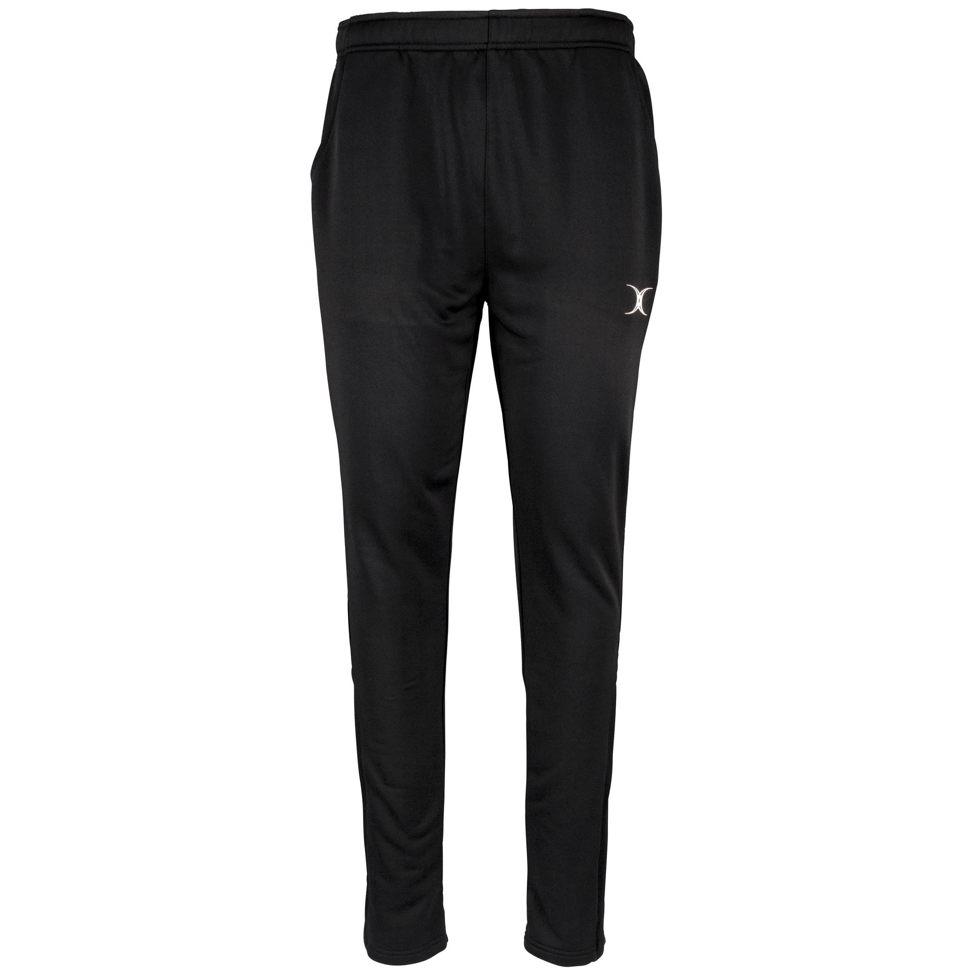 Black training trousers made of lightweight material, featuring an elastic waistband, side pockets, and the Gilbert Rugby logo in white on the left thigh.