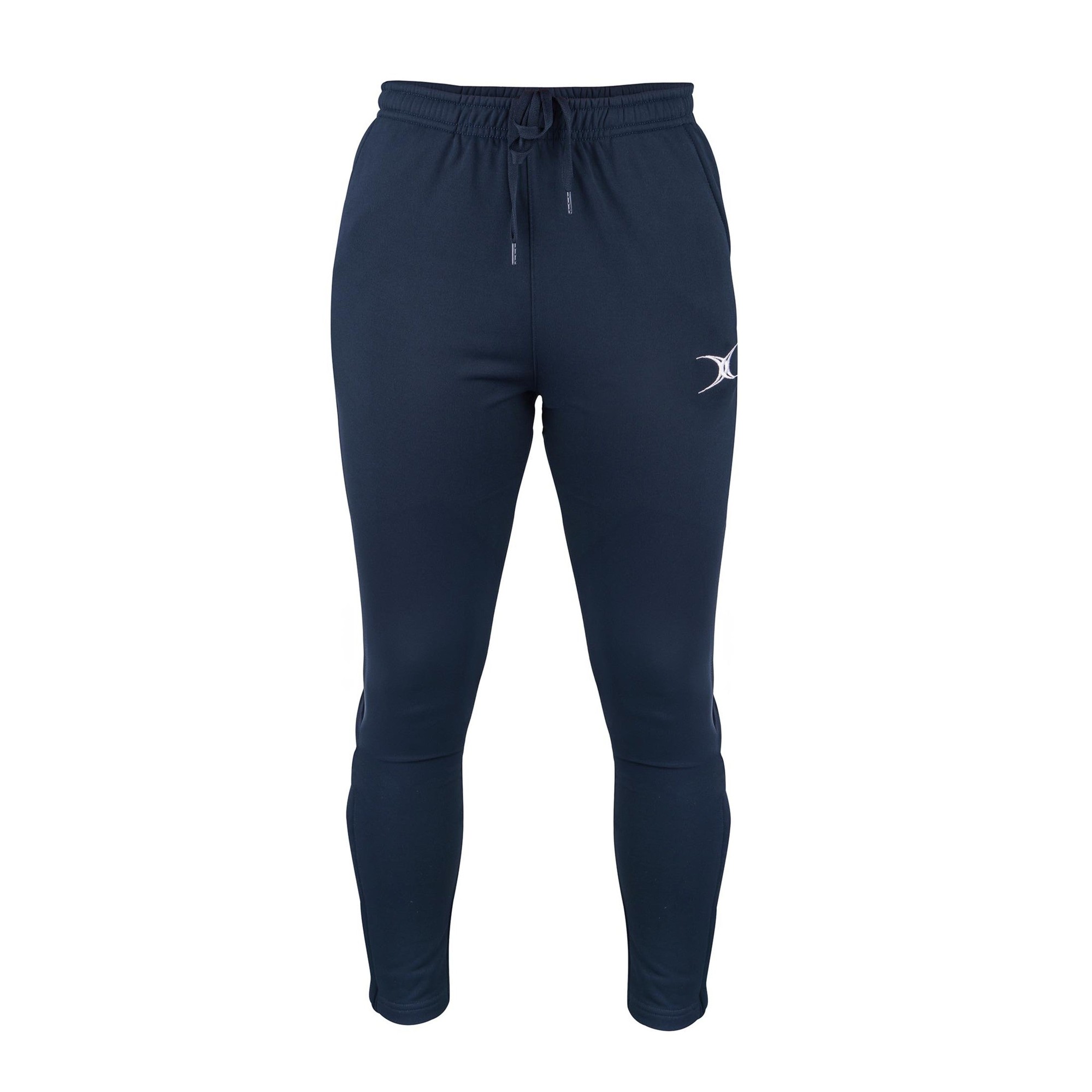 Black training trousers made of lightweight material, featuring an elastic waistband with drawstring, tapered fit, and the Gilbert Rugby logo on the left thigh.